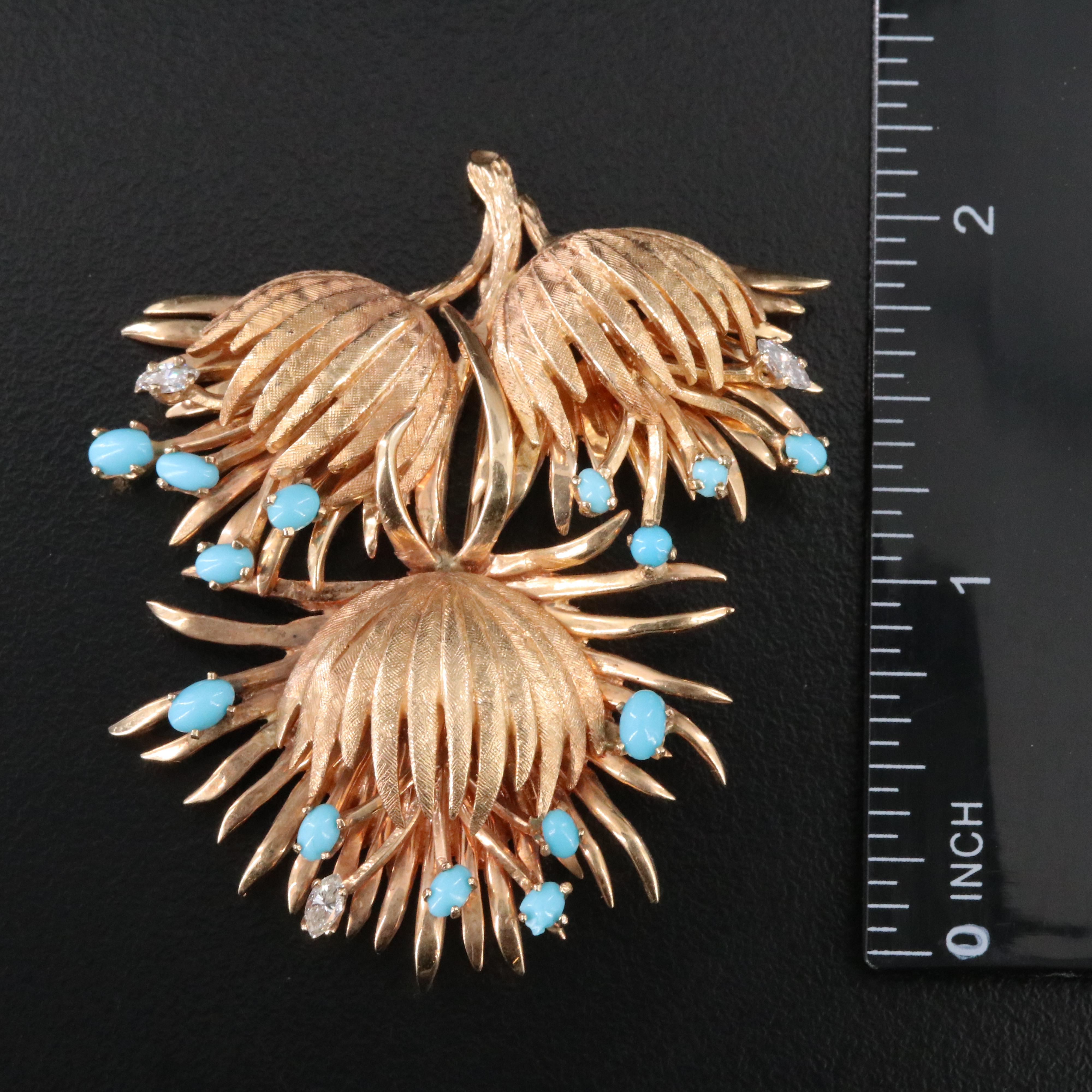 1960s 14K Turquoise and Diamond Flower Brooch and Earrings Set