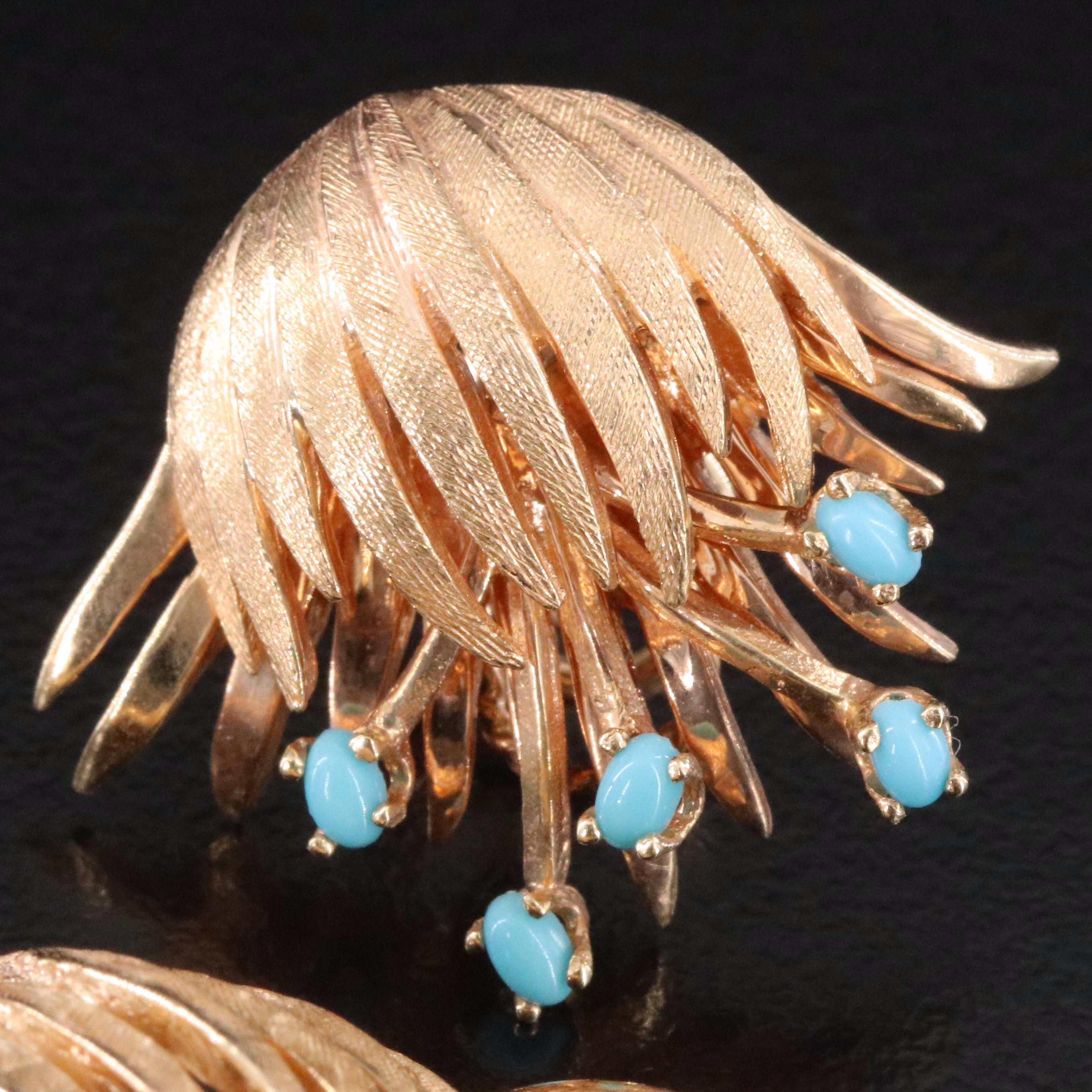 1960s 14K Turquoise and Diamond Flower Brooch and Earrings Set