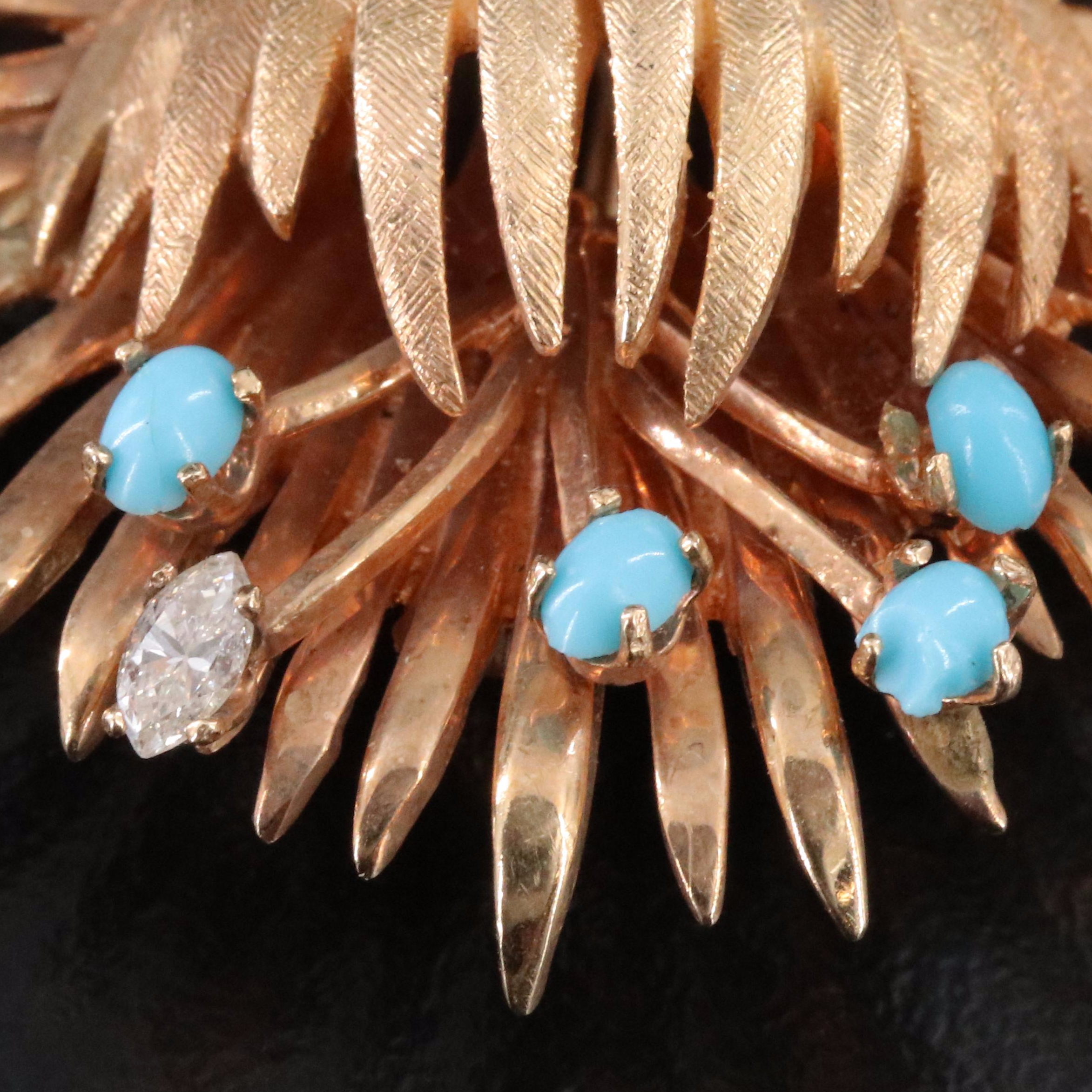 1960s 14K Turquoise and Diamond Flower Brooch and Earrings Set