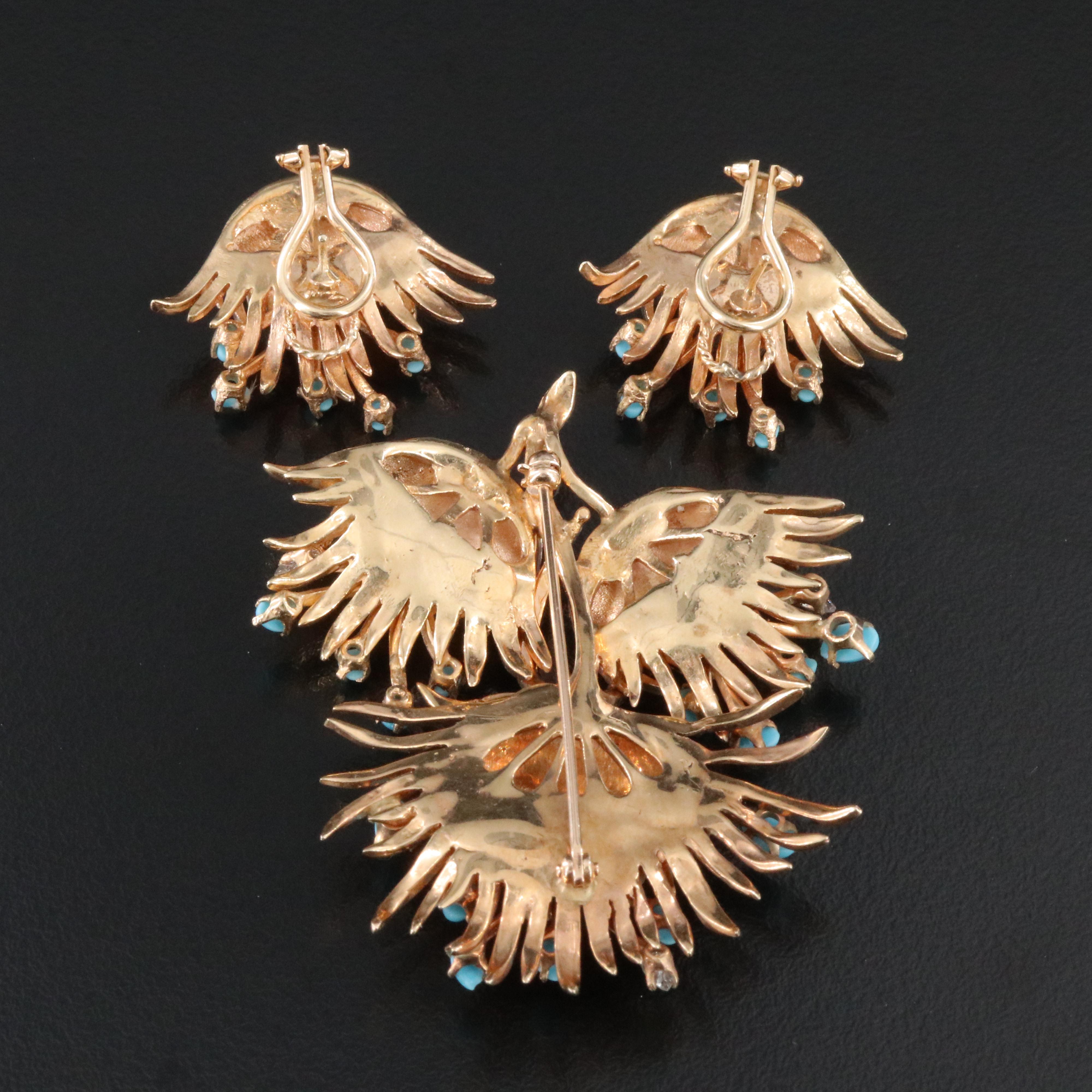 1960s 14K Turquoise and Diamond Flower Brooch and Earrings Set