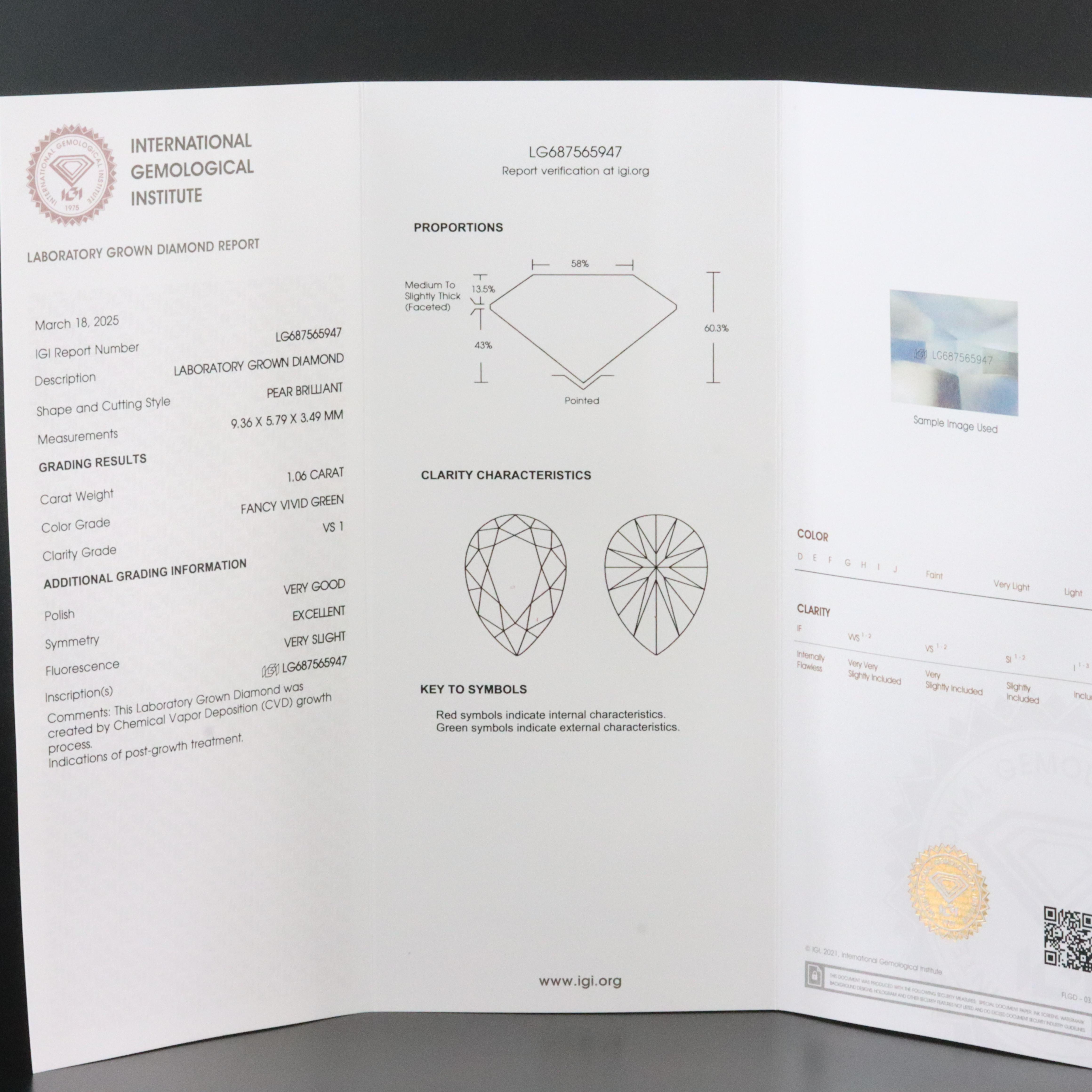 Loose 1.06 CT Lab Grown Fancy Green Diamond with IGI Report