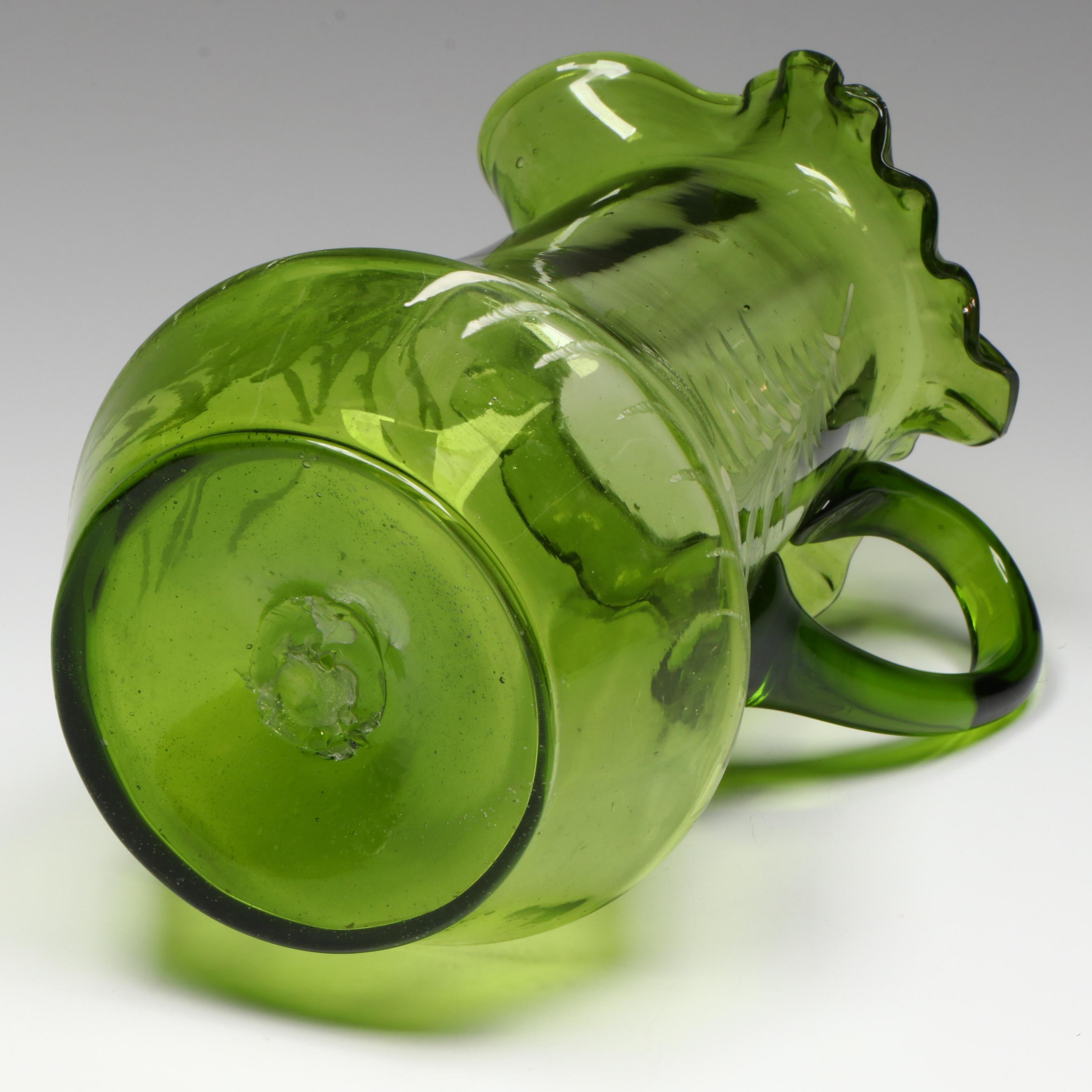 Victorian Hand-Blown Ruffled Edge Glass Pitcher with Gilt Reindeer Cups