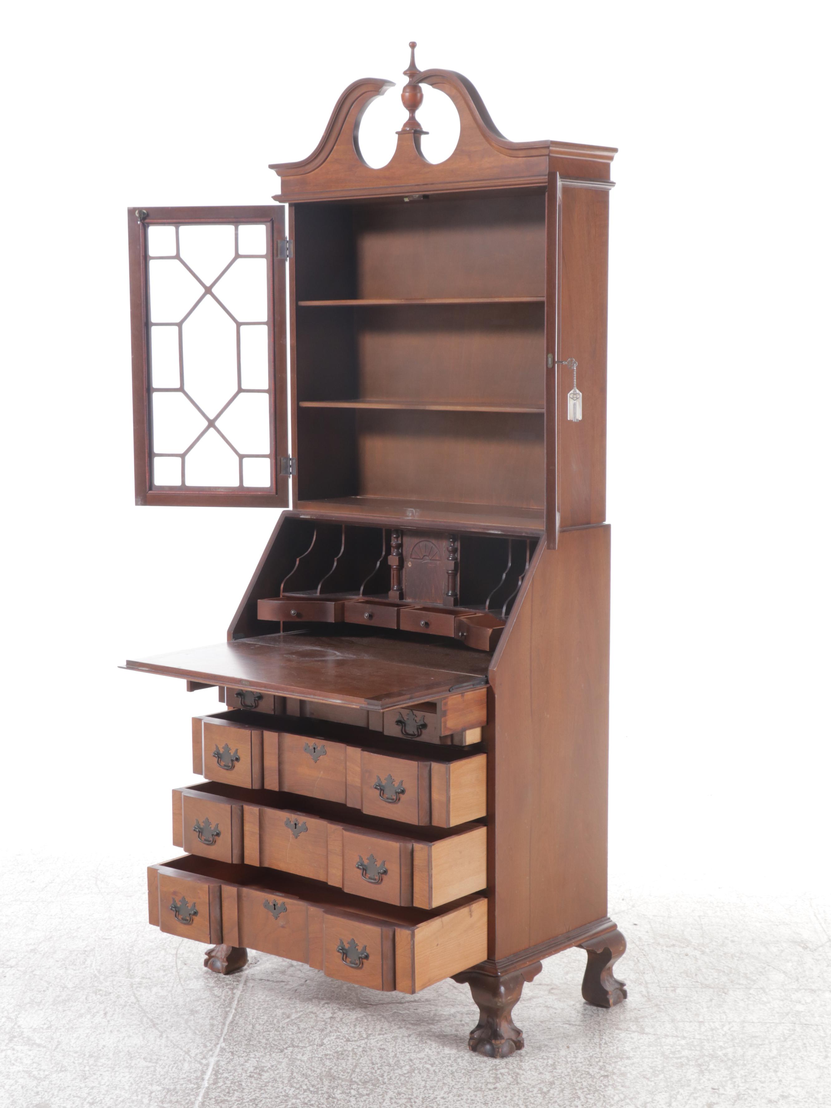 Northwestern Cabinet Co. Chippendale Style Walnut Secretary Desk with Hutch