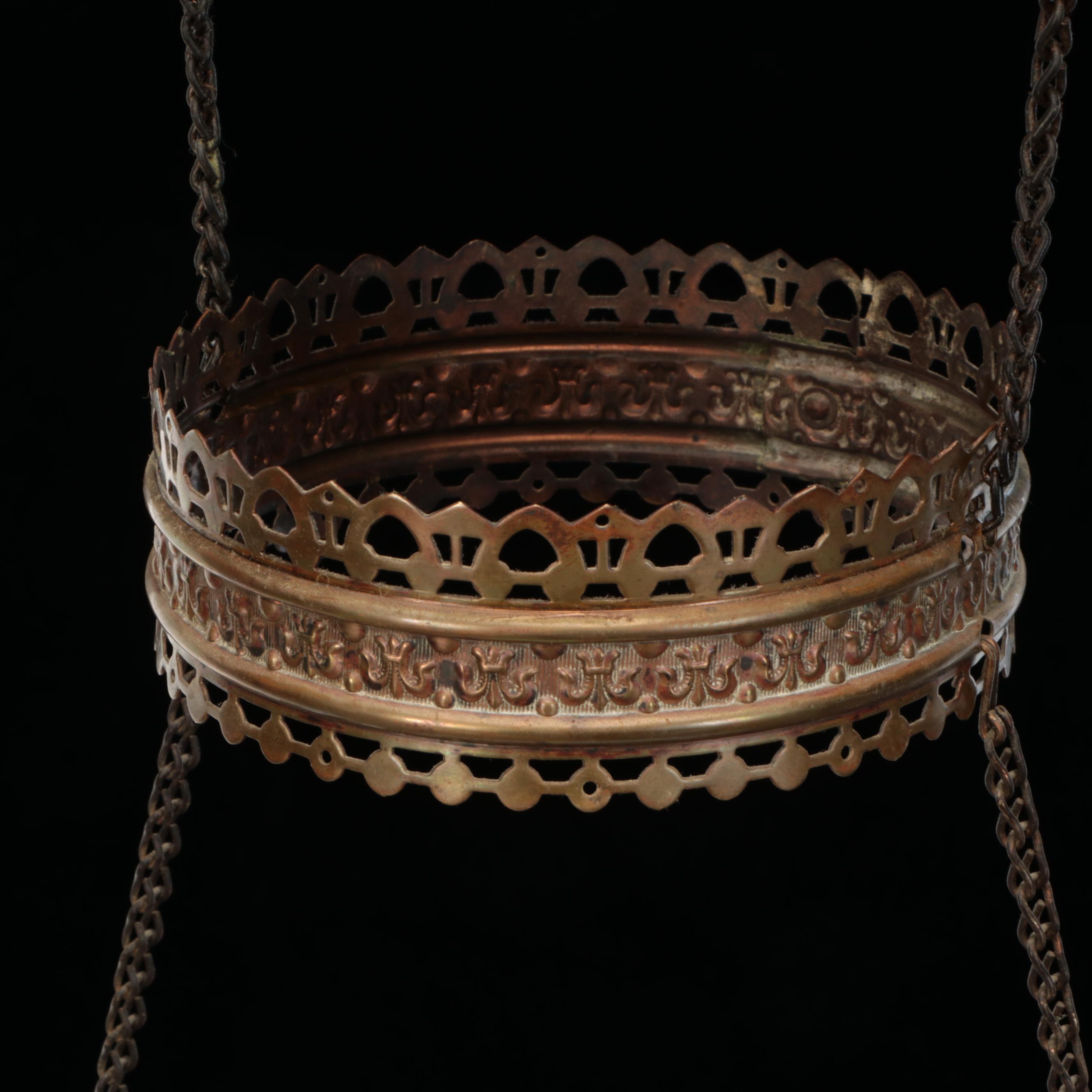 Victorian Brass Finish Metal and Milk Glass Oil Hallway Pendant Lamp, Antique