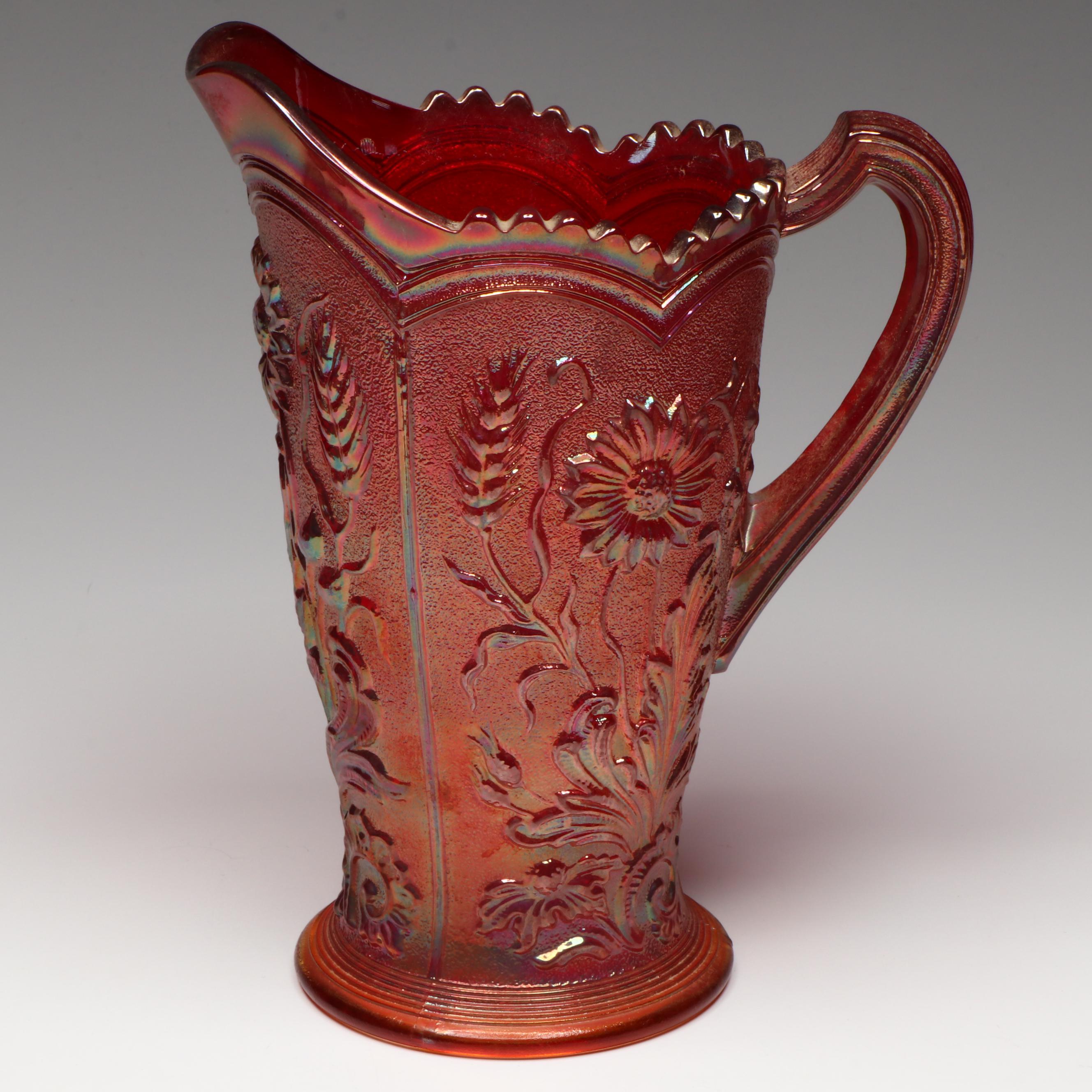 Imperial "Red Field Flower" Carnival Glass Pitcher with Cups, Mid-20th Century