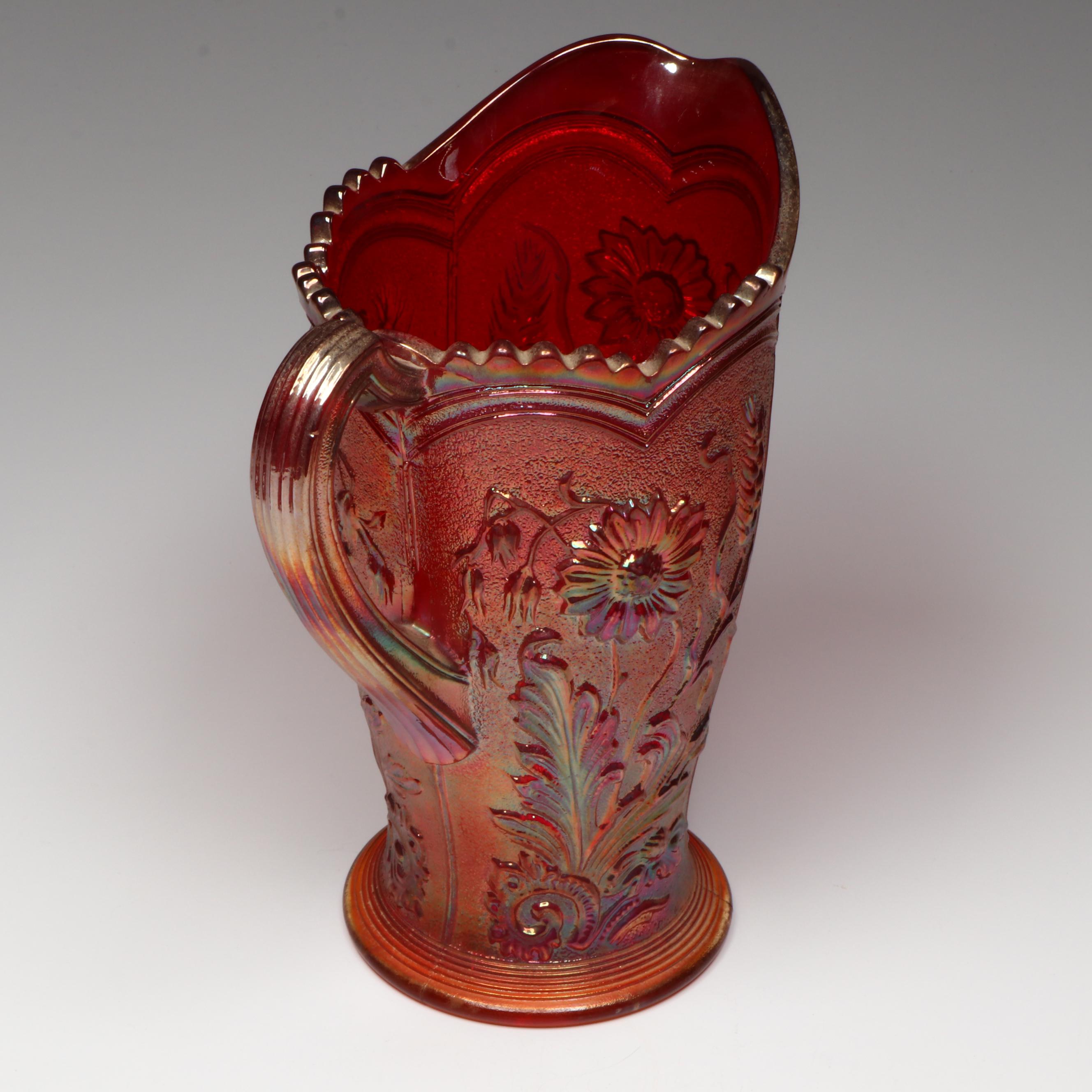 Imperial "Red Field Flower" Carnival Glass Pitcher with Cups, Mid-20th Century