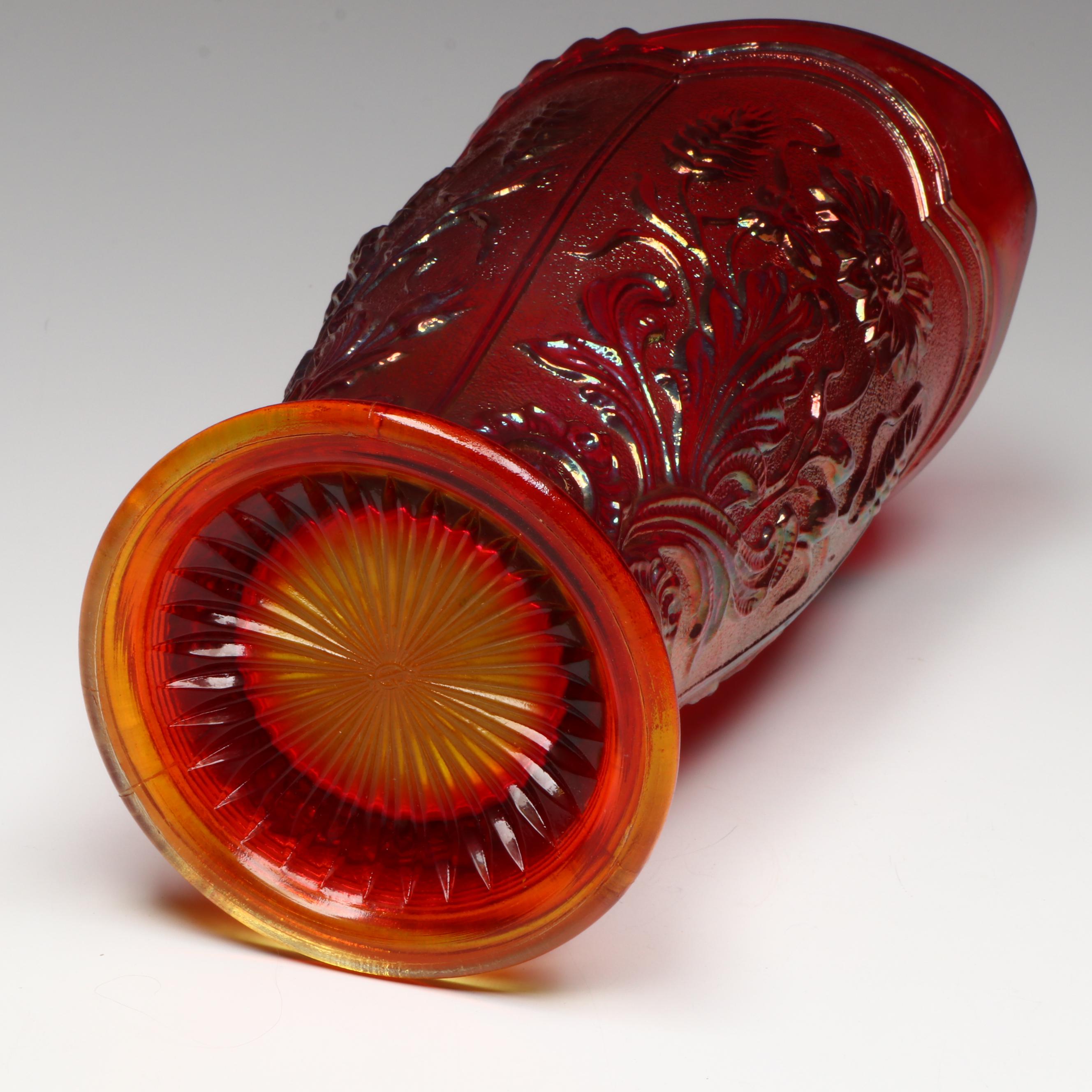 Imperial "Red Field Flower" Carnival Glass Pitcher with Cups, Mid-20th Century