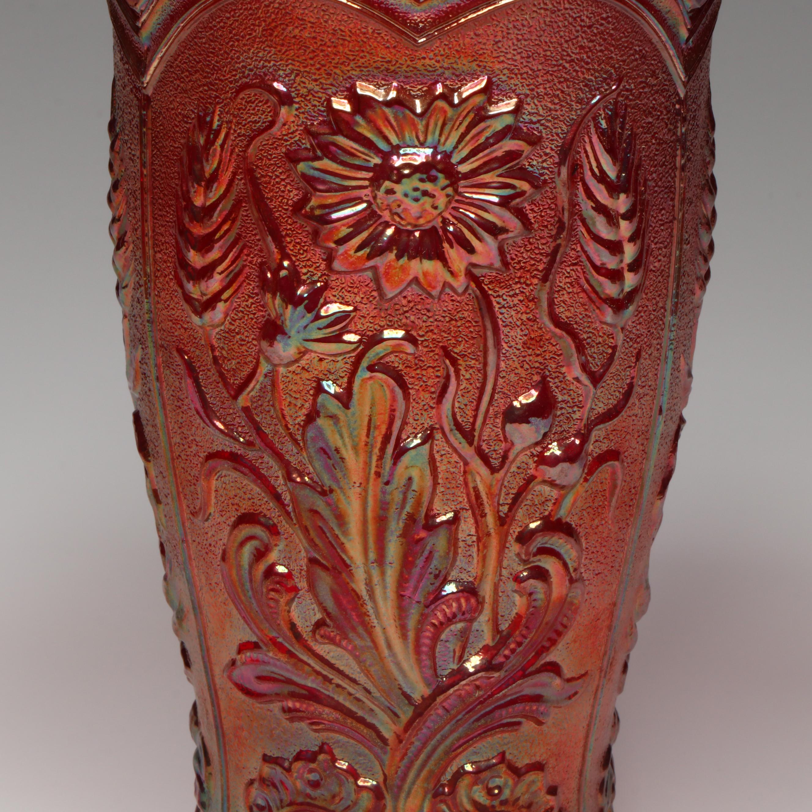 Imperial "Red Field Flower" Carnival Glass Pitcher with Cups, Mid-20th Century