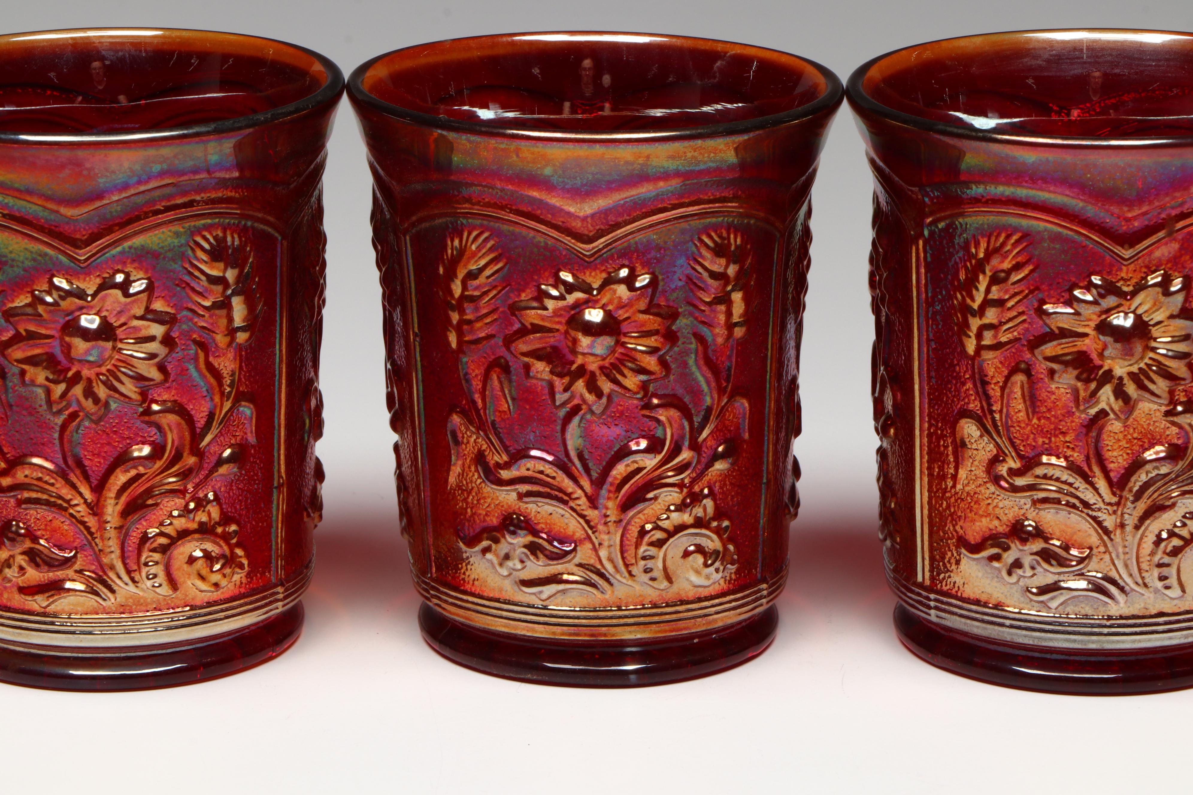 Imperial "Red Field Flower" Carnival Glass Pitcher with Cups, Mid-20th Century