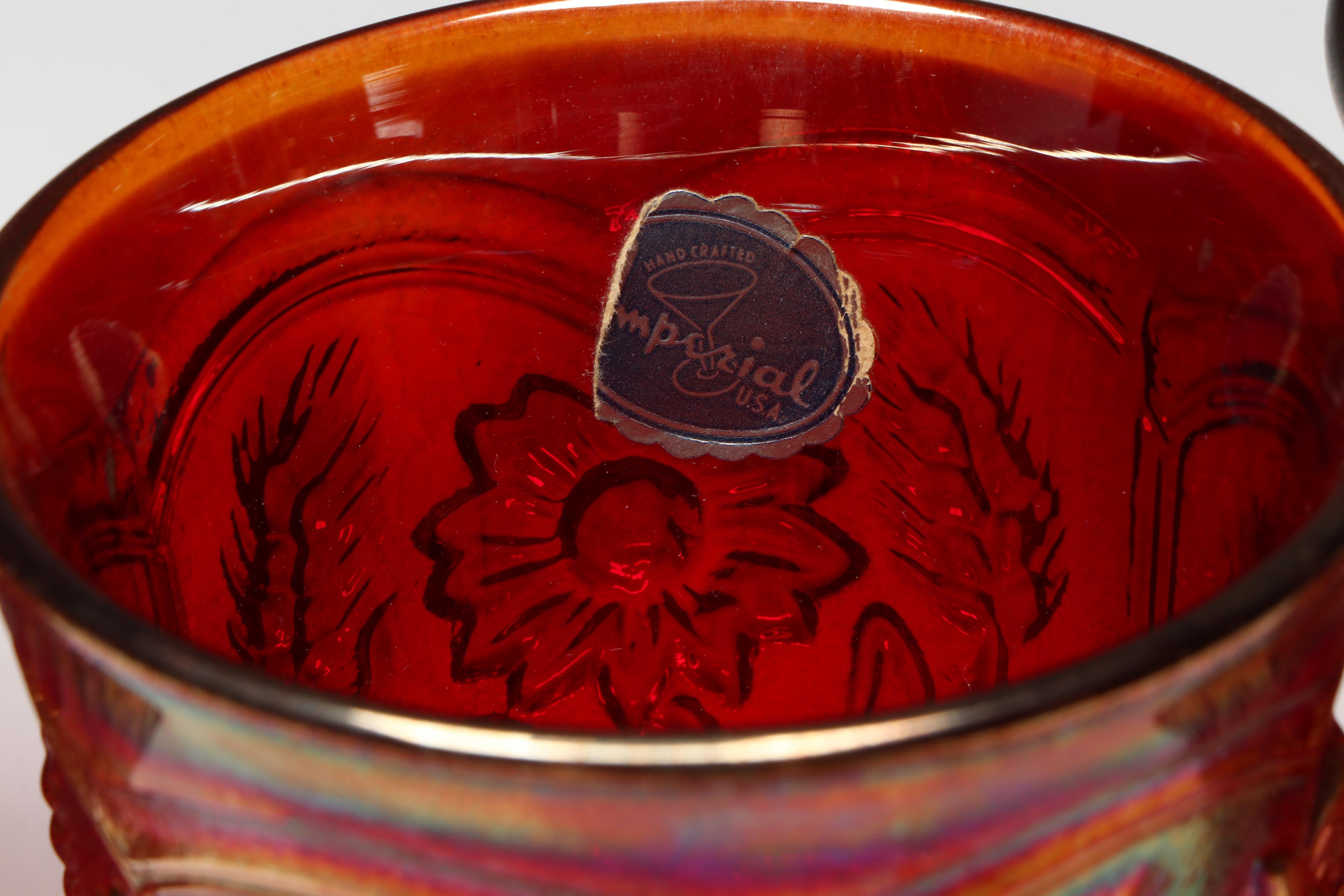 Imperial "Red Field Flower" Carnival Glass Pitcher with Cups, Mid-20th Century