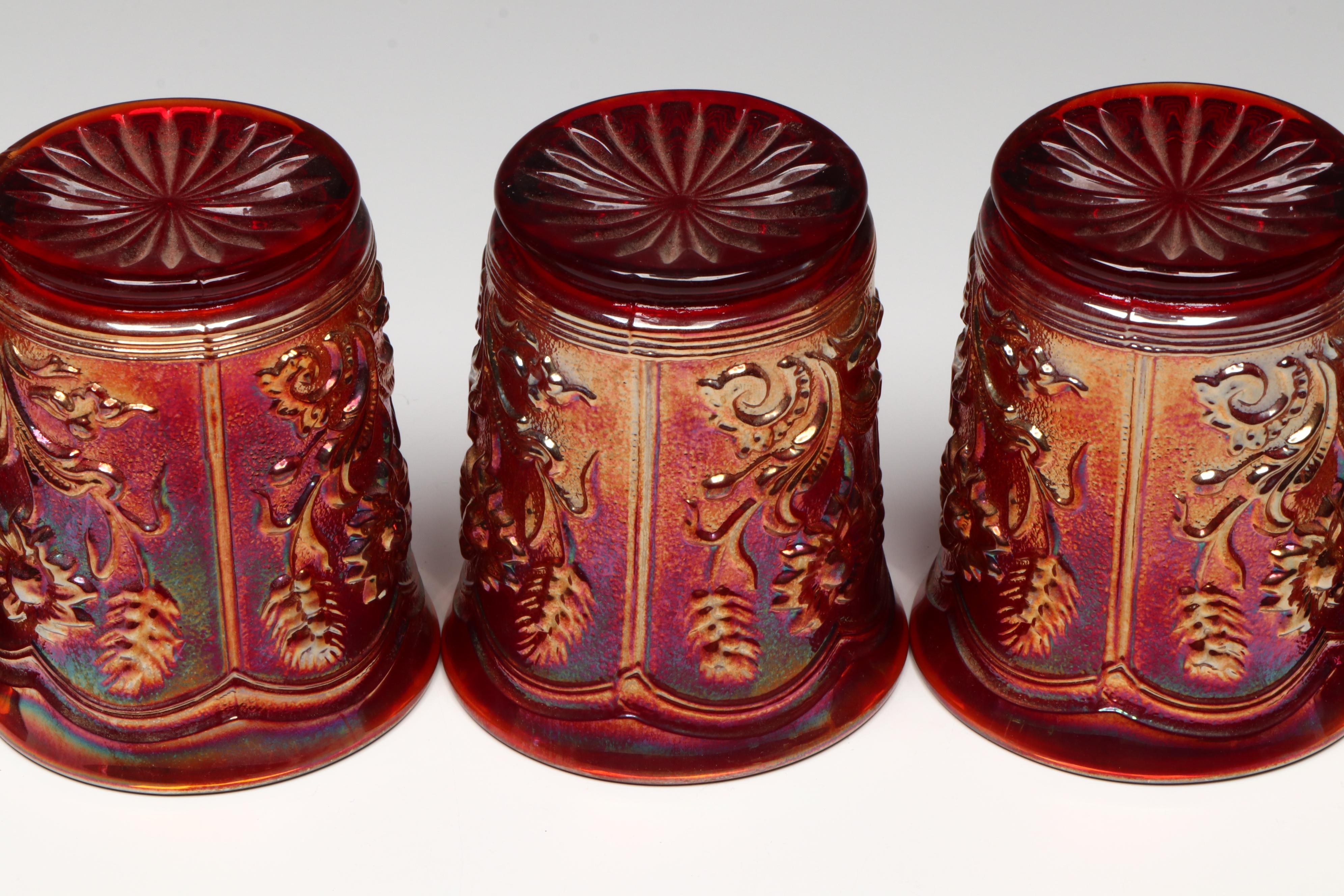 Imperial "Red Field Flower" Carnival Glass Pitcher with Cups, Mid-20th Century