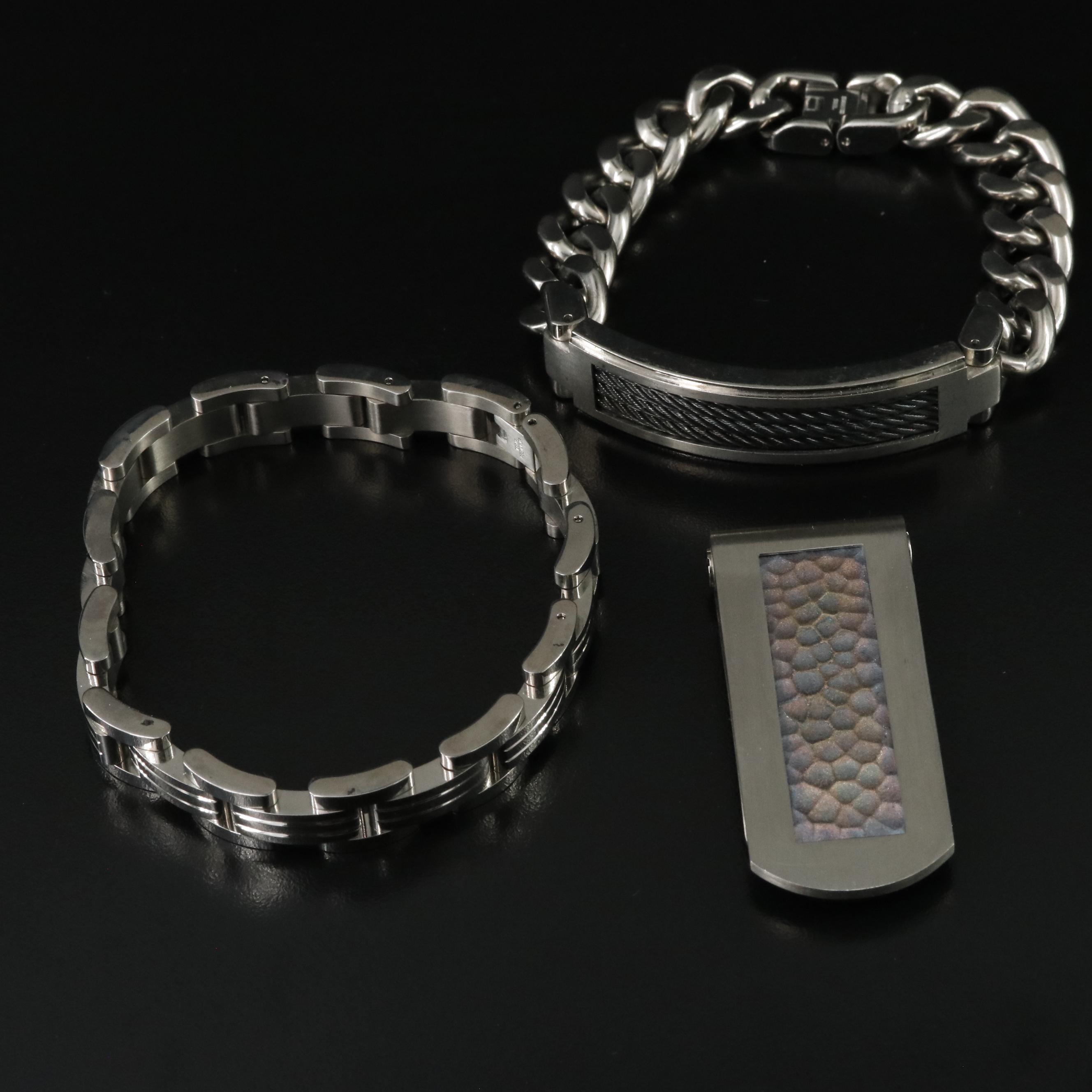 Stainless Steel Bracelets and Titanium Money Clip with Sterling Accent