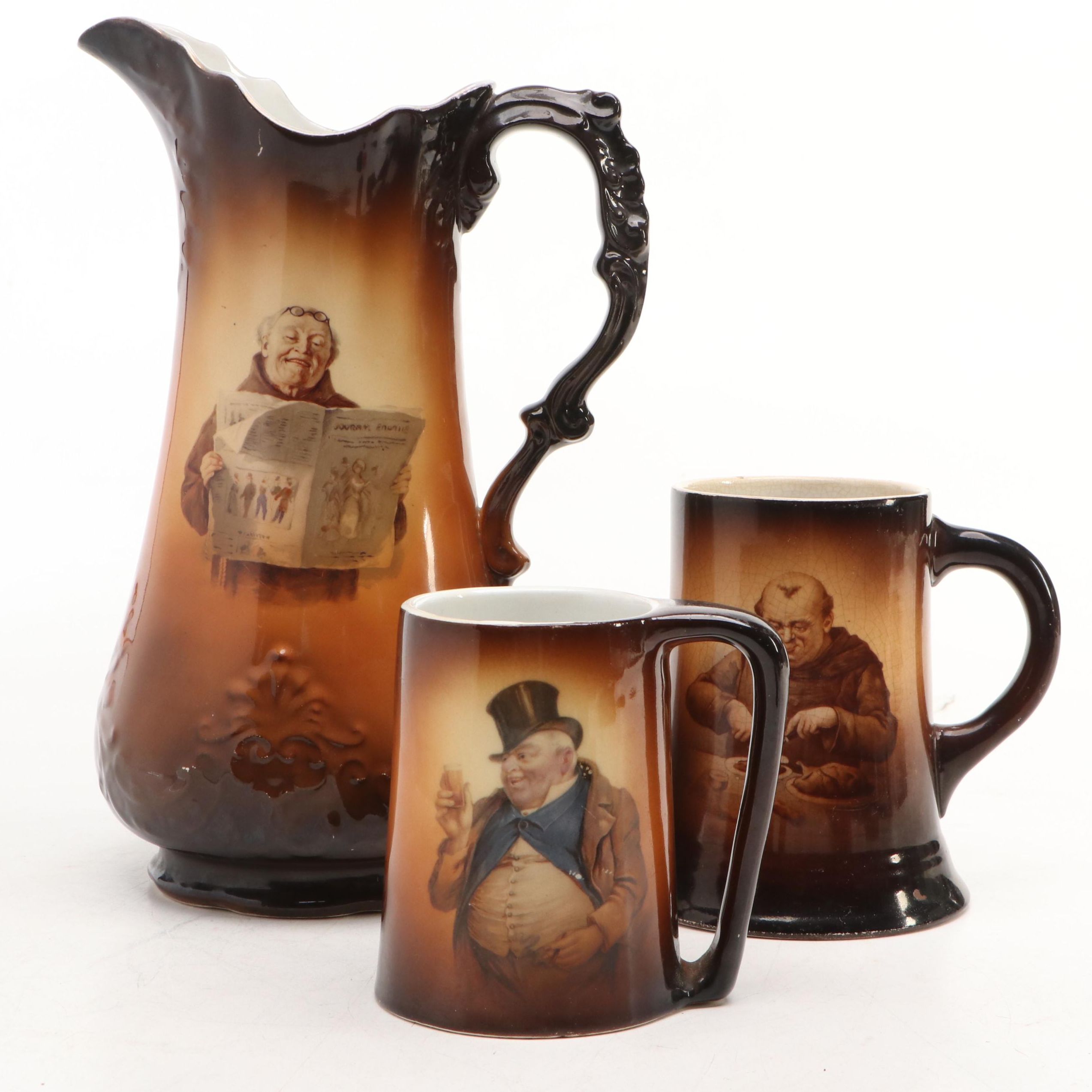 Warwick "Ioga" Monk Pitcher and Mug with Gentleman Mug, Early 20th Century