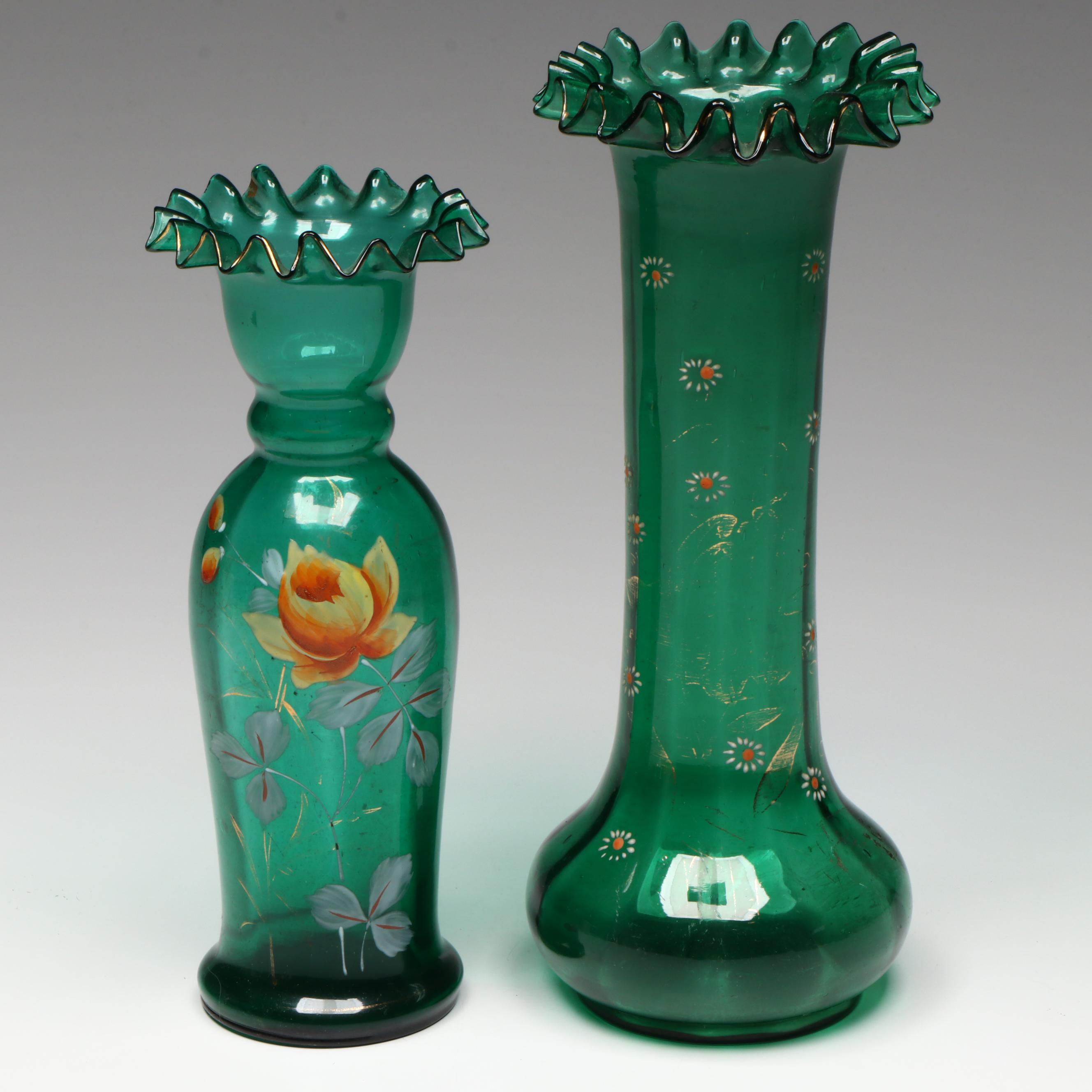 Victorian Blown Ruffled Glass Vases with Hand-Painted Accents