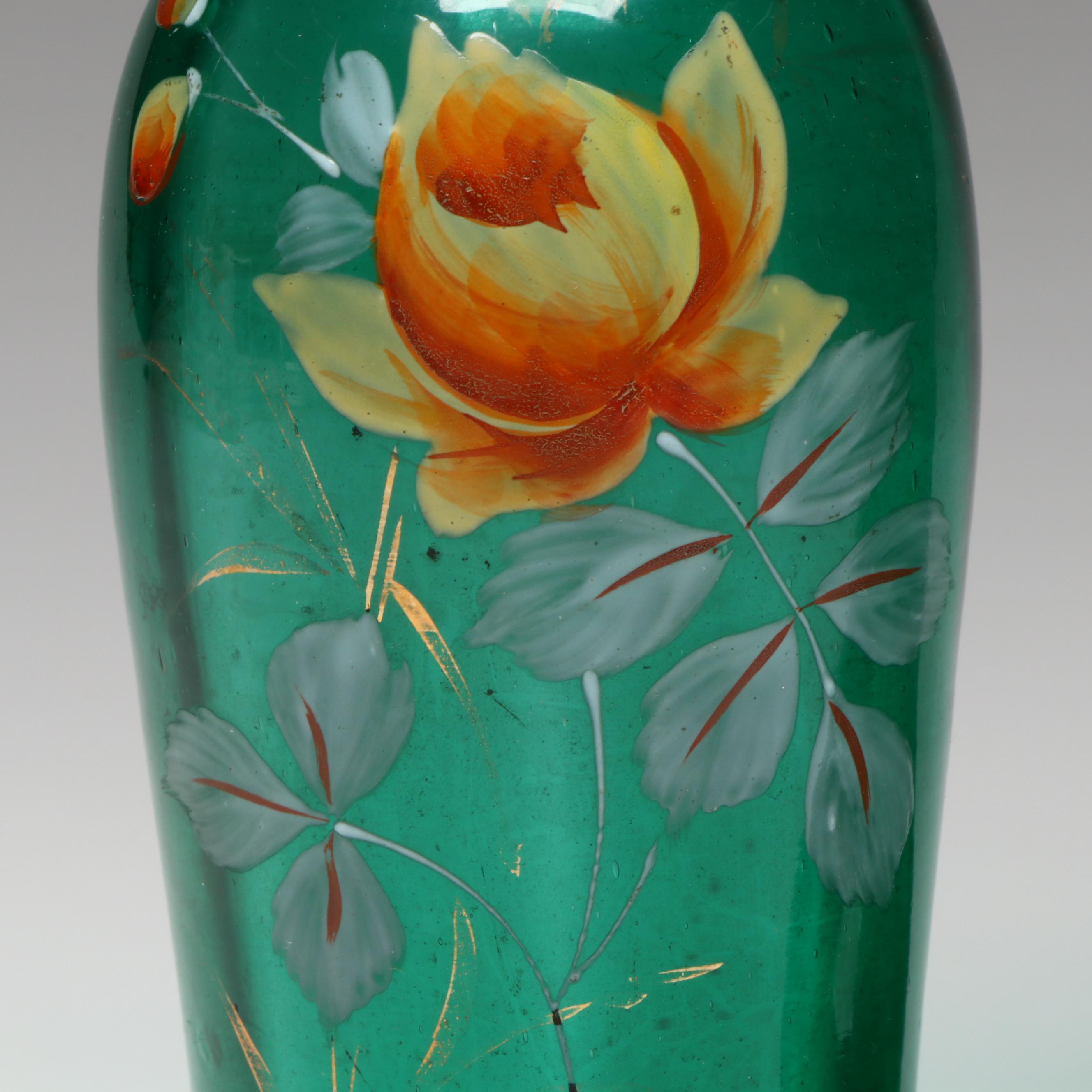 Victorian Blown Ruffled Glass Vases with Hand-Painted Accents