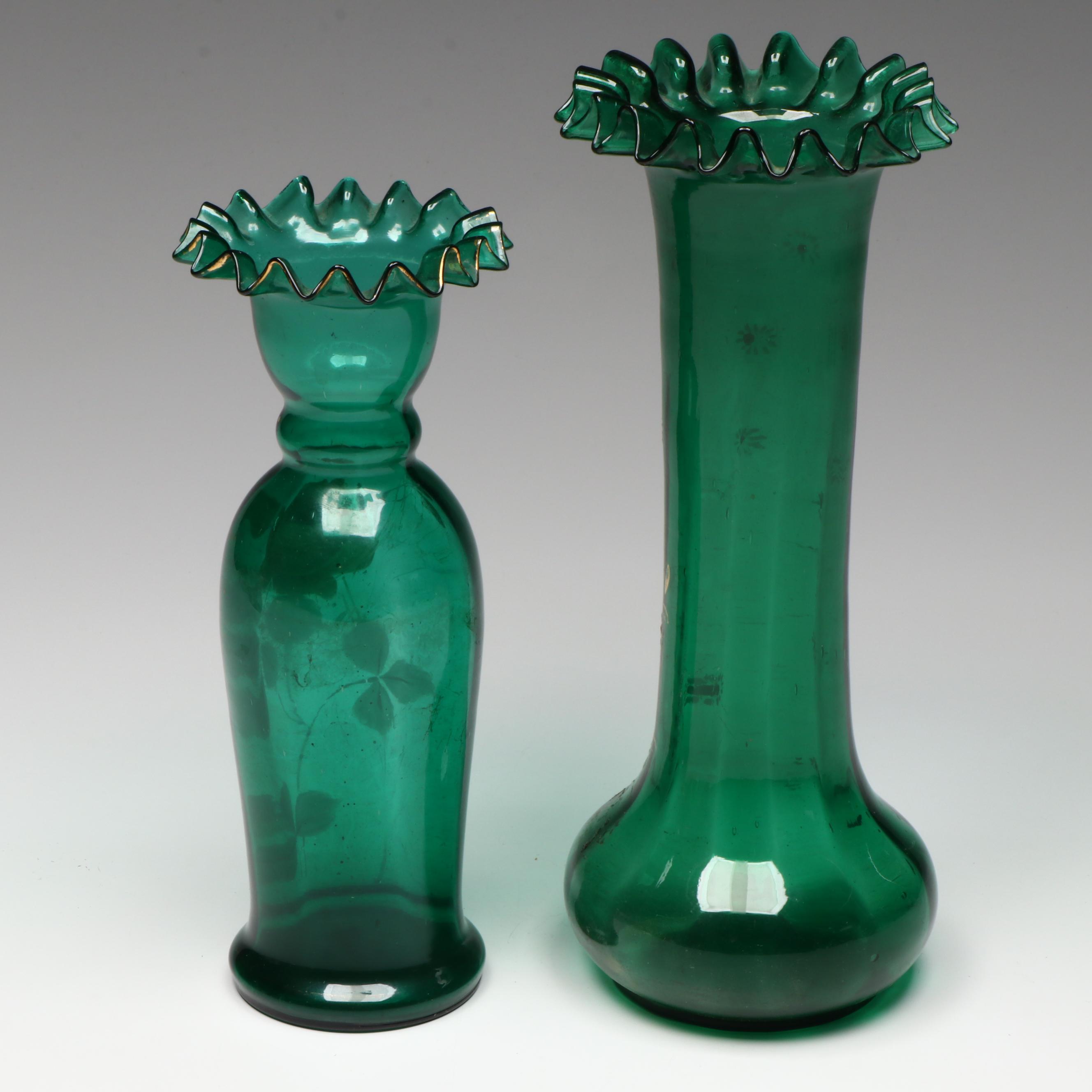 Victorian Blown Ruffled Glass Vases with Hand-Painted Accents
