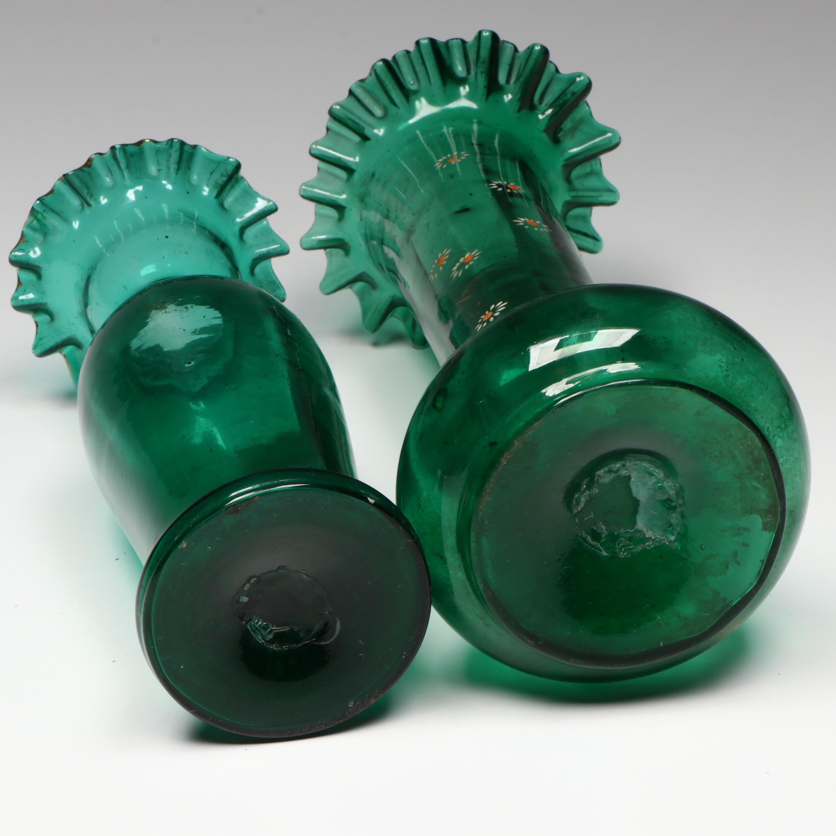 Victorian Blown Ruffled Glass Vases with Hand-Painted Accents