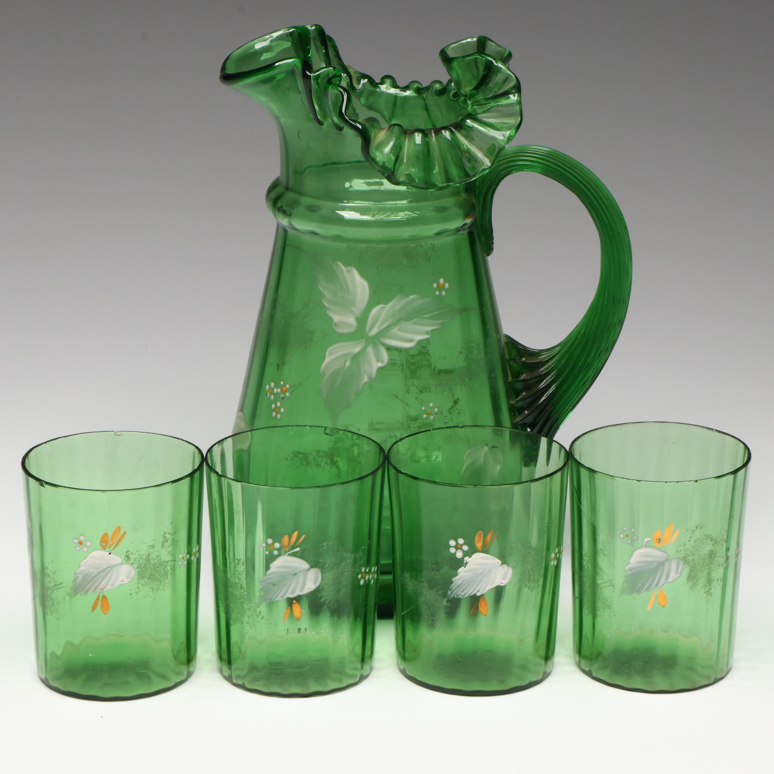 Victorian Blown Green Glass Lemonade Aid Set with Hand-Painted Floral Decoration
