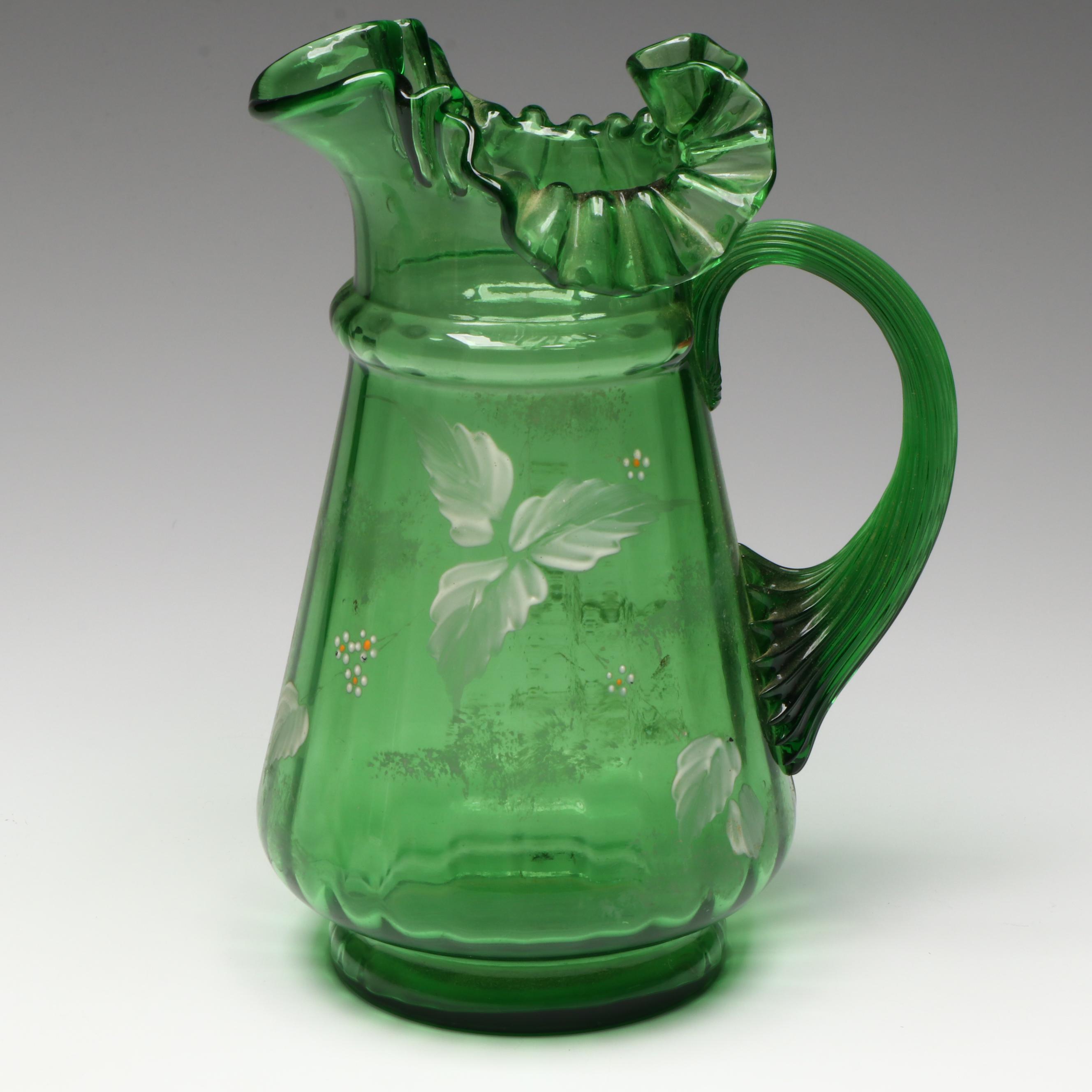 Victorian Blown Green Glass Lemonade Aid Set with Hand-Painted Floral Decoration