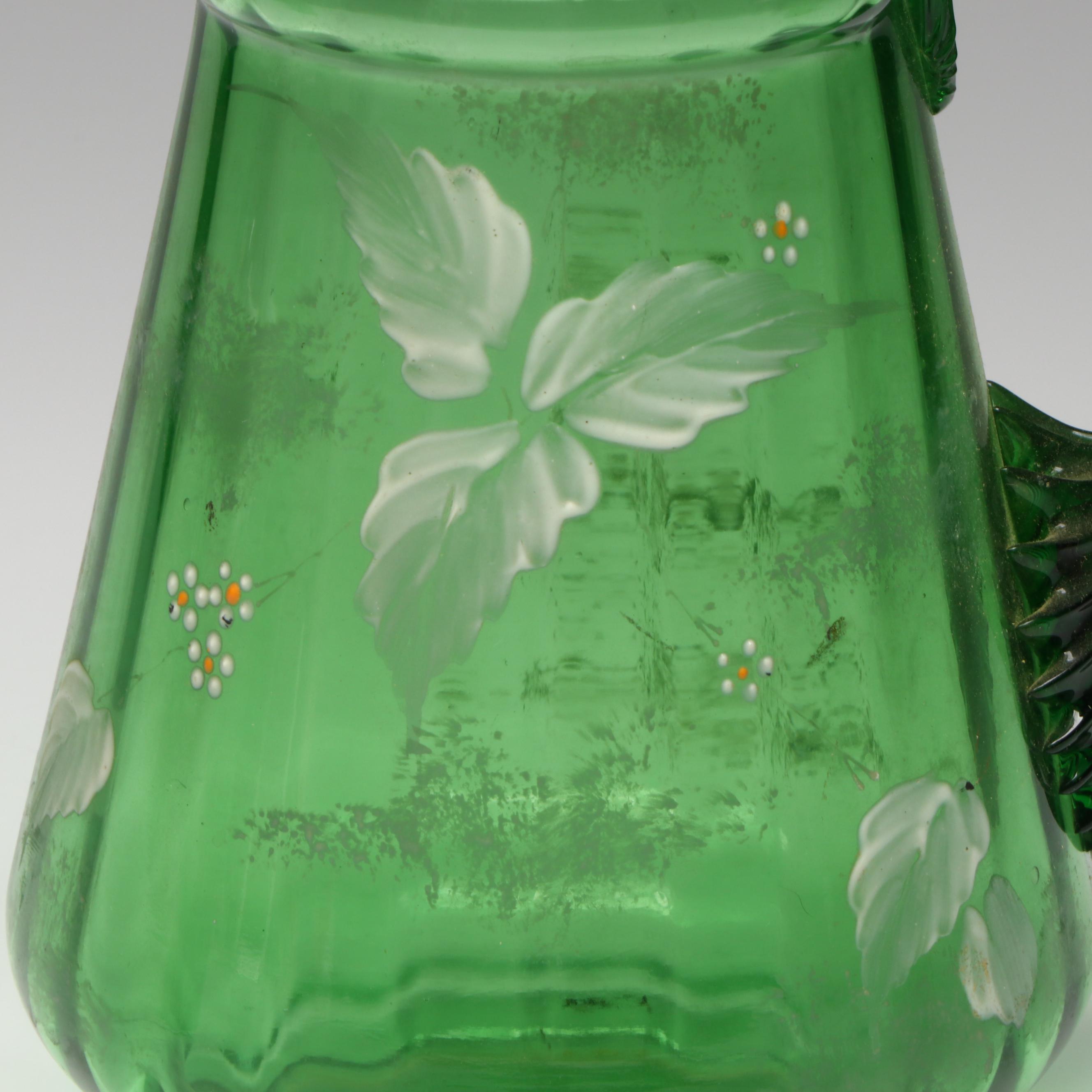 Victorian Blown Green Glass Lemonade Aid Set with Hand-Painted Floral Decoration