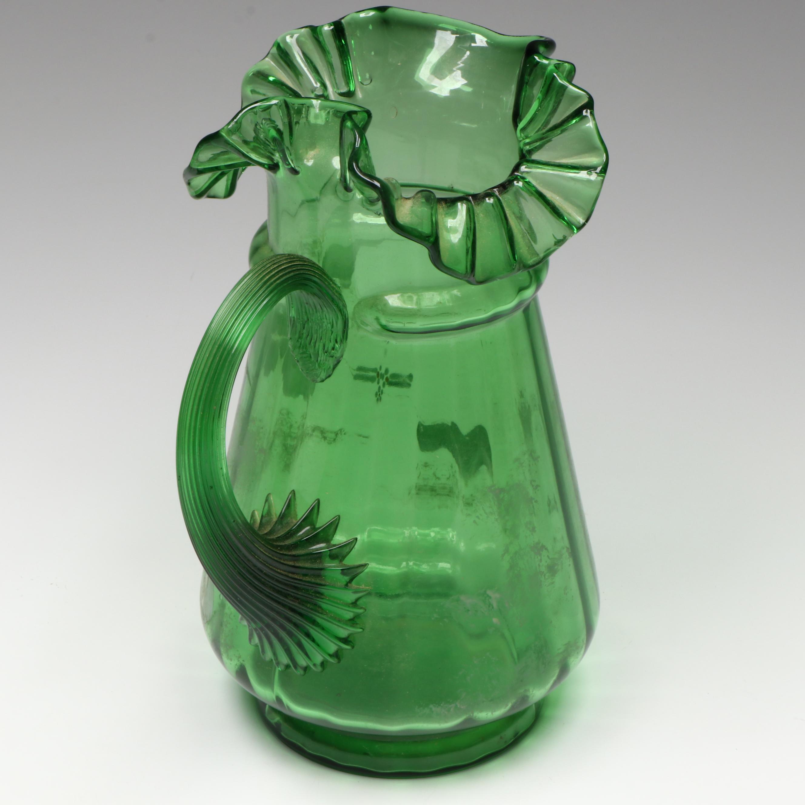 Victorian Blown Green Glass Lemonade Aid Set with Hand-Painted Floral Decoration