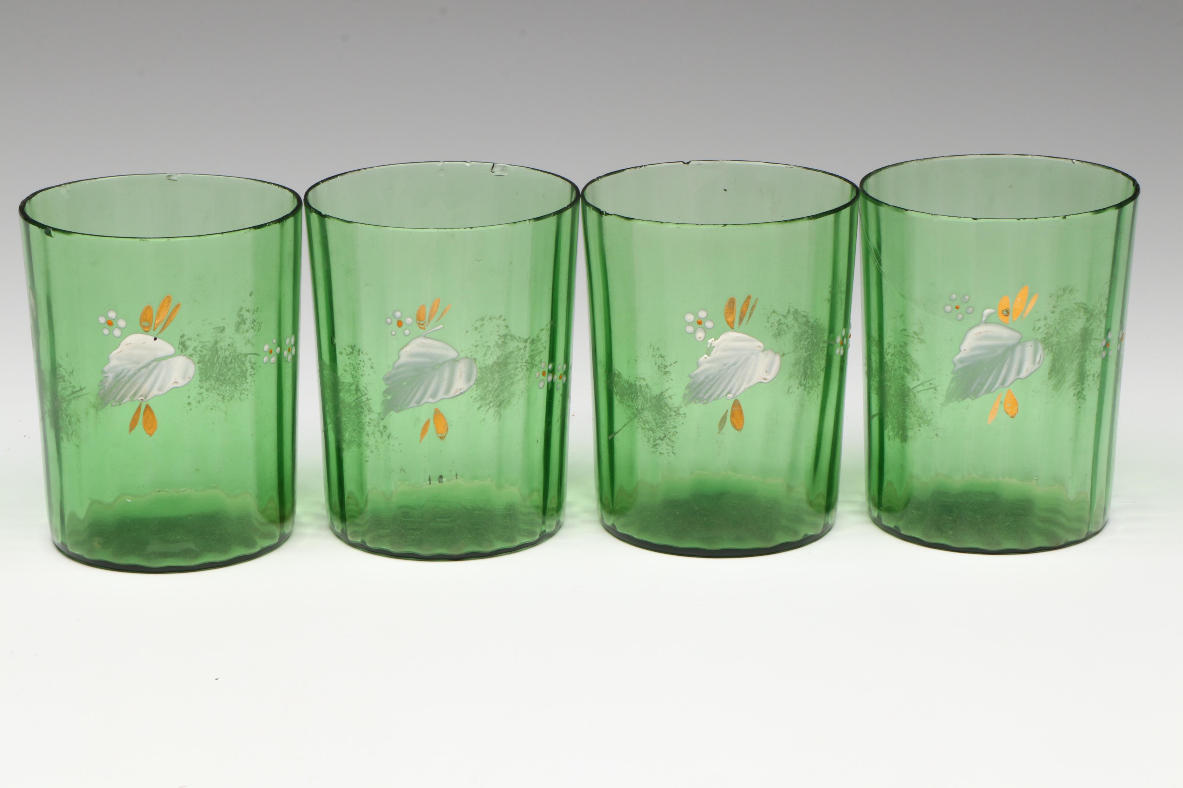Victorian Blown Green Glass Lemonade Aid Set with Hand-Painted Floral Decoration