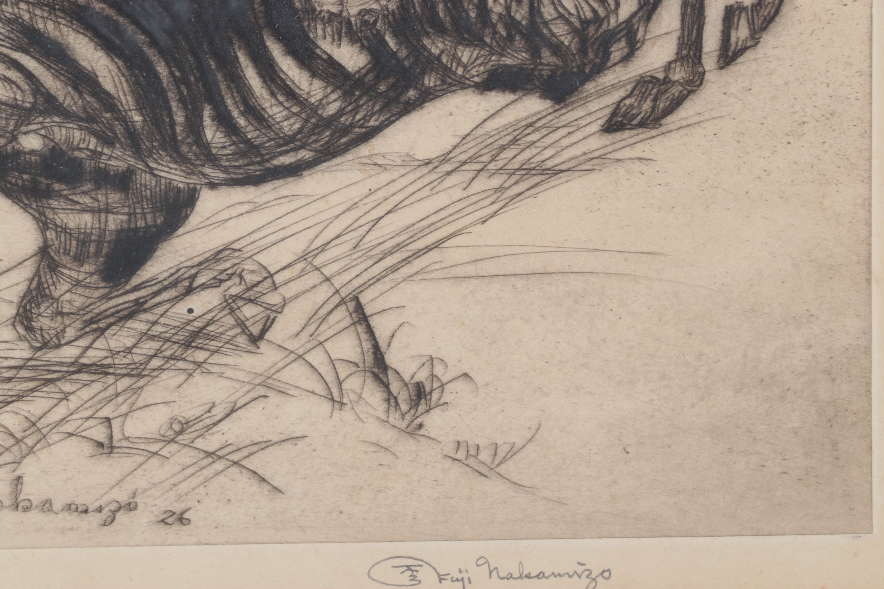 Fuji Nakamizo "Combat" Etching on Paper, 1926