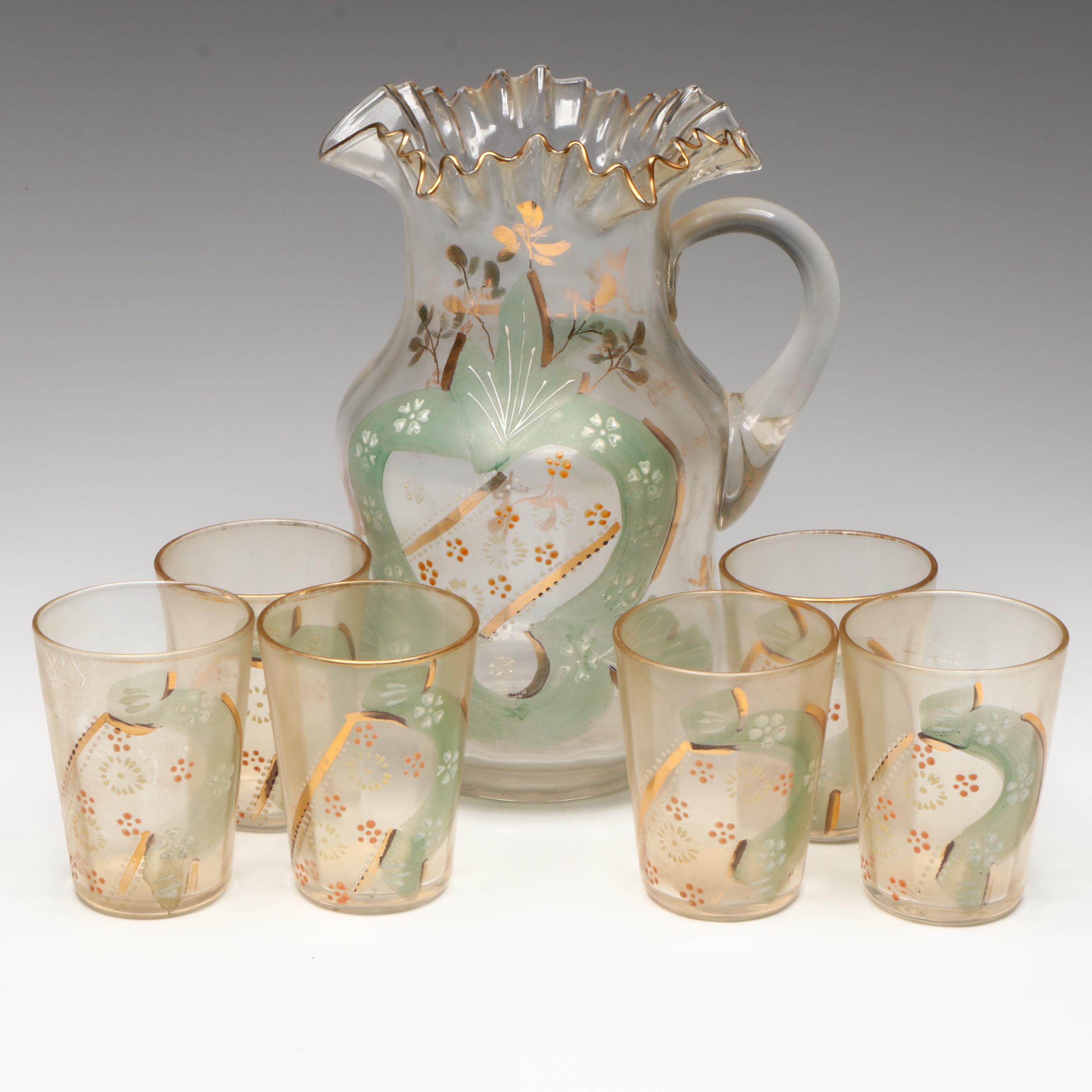 Victorian Style Blown Glass Lemonade Set with Hand-Painted Decoration