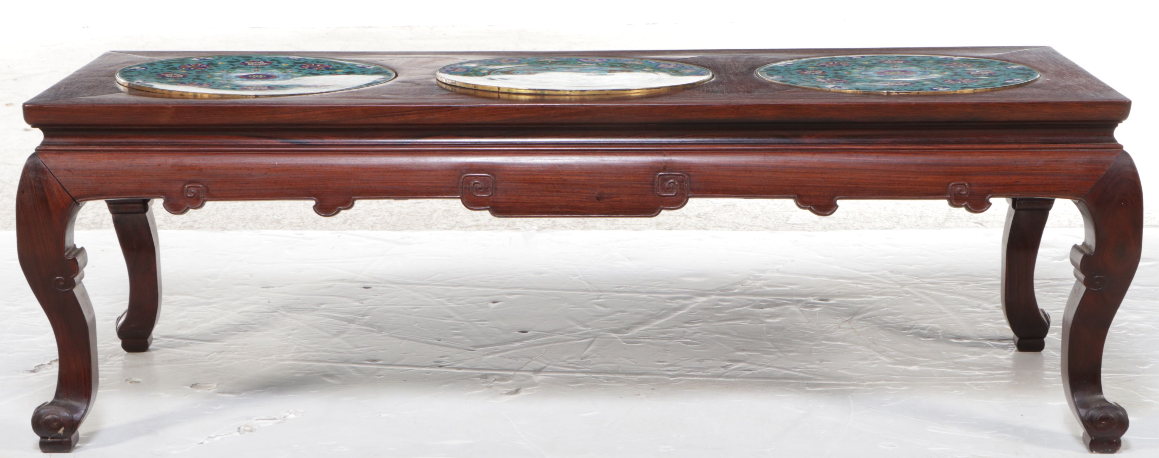 Chinese Rosewood Coffee Table with Inlaid Cloisonné Medallions