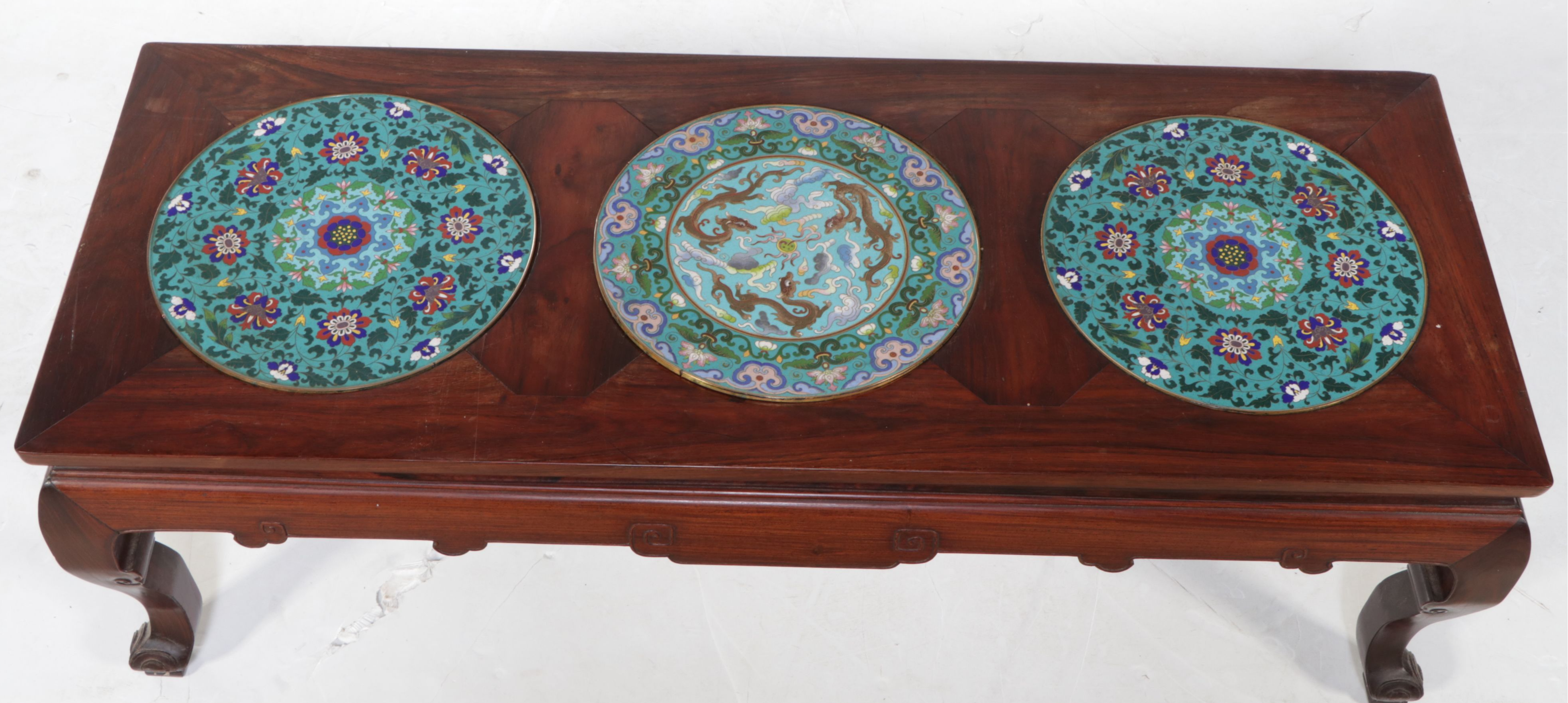 Chinese Rosewood Coffee Table with Inlaid Cloisonné Medallions