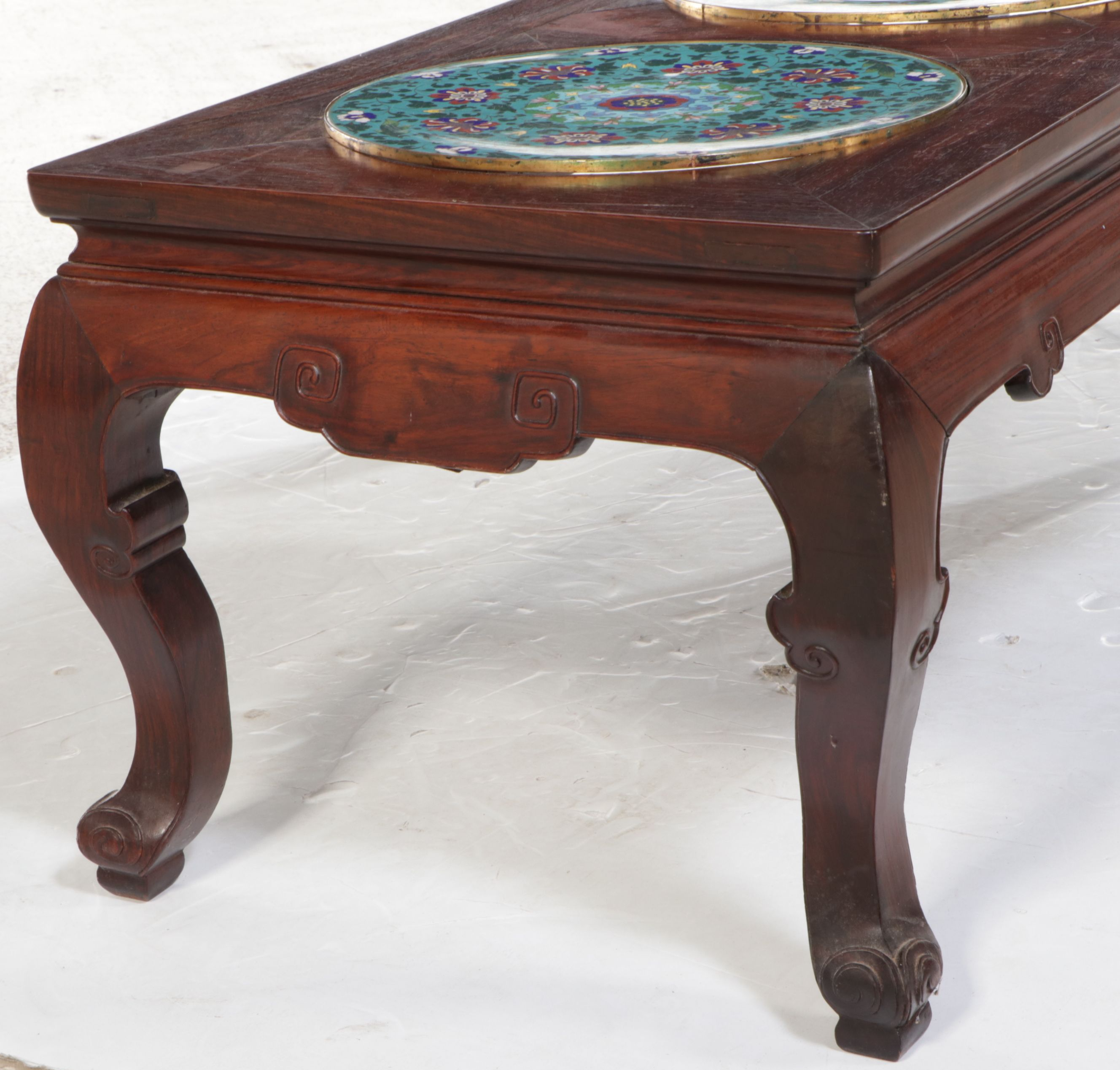 Chinese Rosewood Coffee Table with Inlaid Cloisonné Medallions