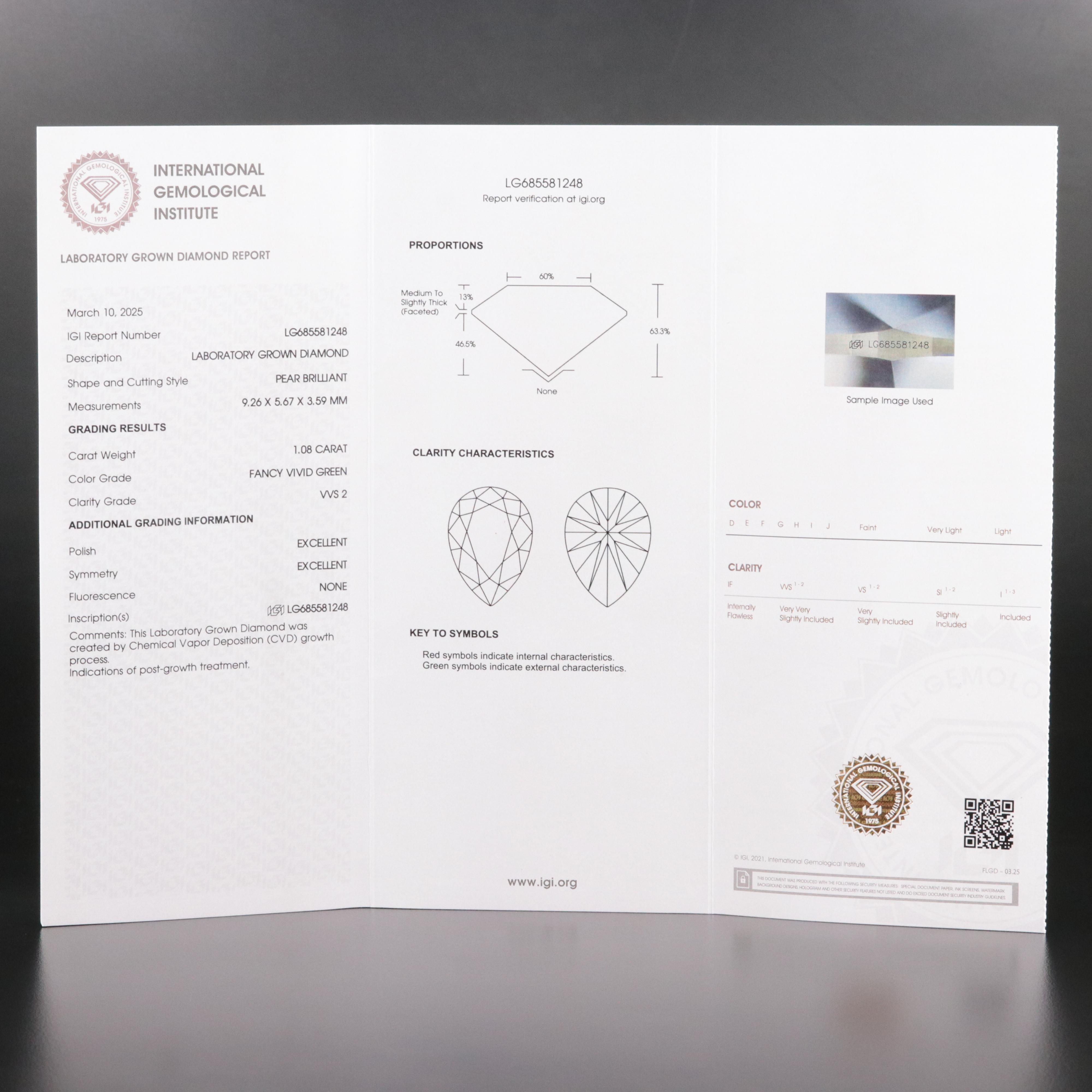 Loose 1.08 CT Lab Grown Fancy Green Diamond with IGI Report