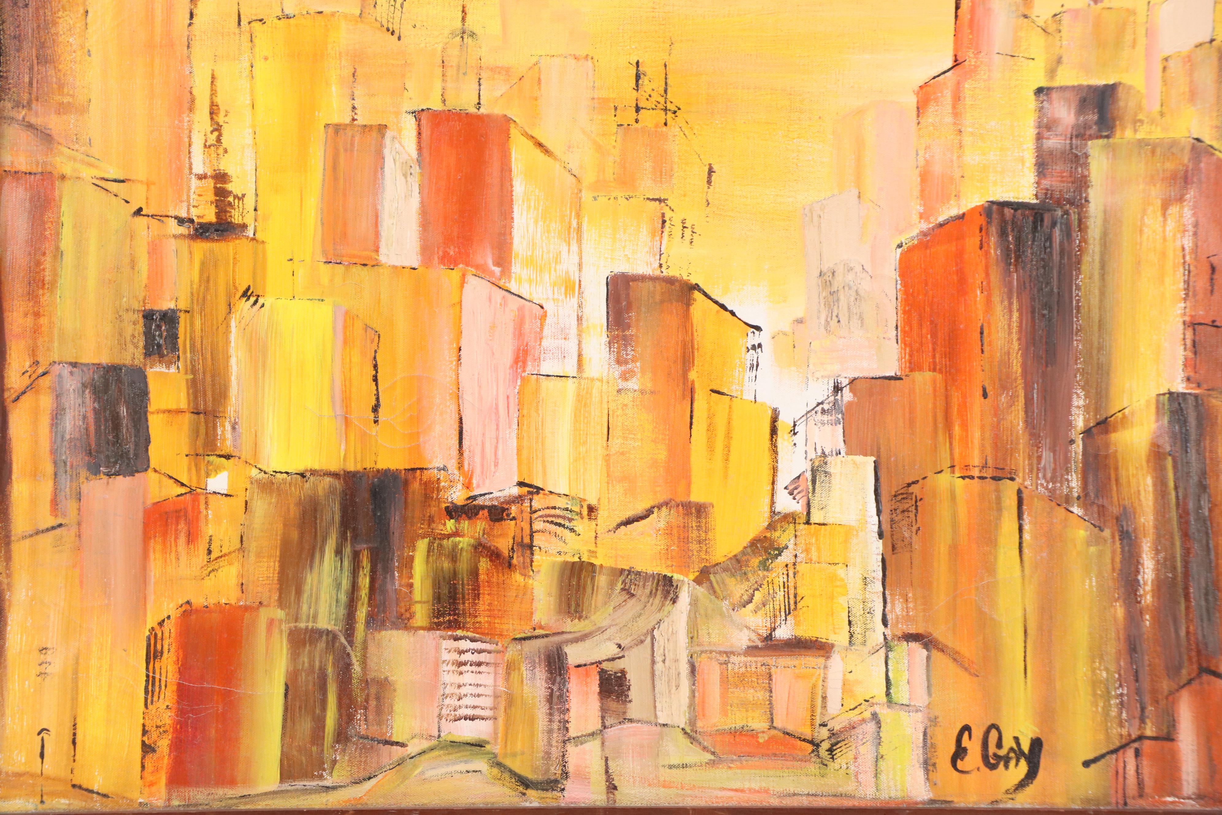 E. Gay Abstract Cityscape Acrylic Painting "Modesto," 1967