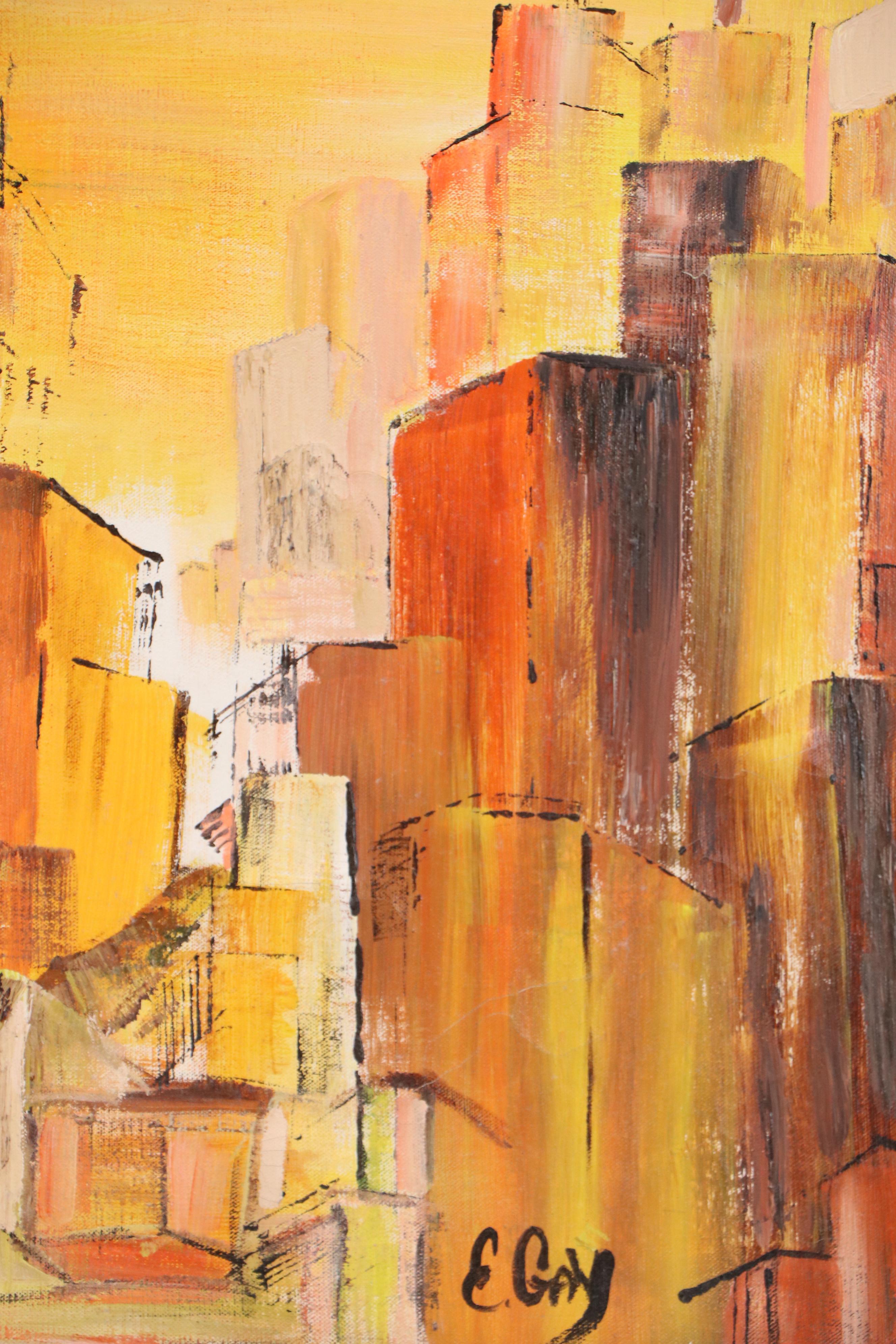 E. Gay Abstract Cityscape Acrylic Painting "Modesto," 1967