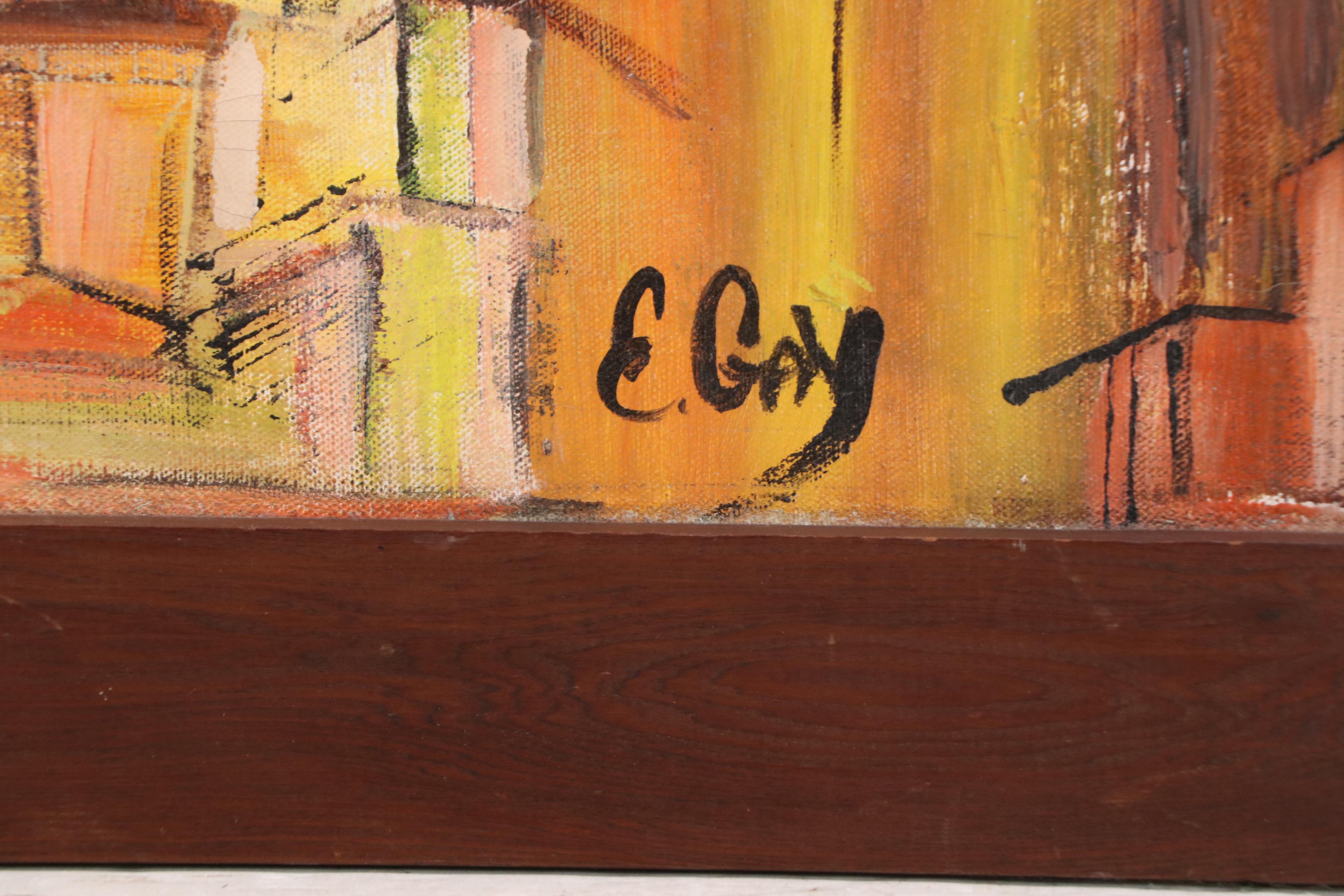 E. Gay Abstract Cityscape Acrylic Painting "Modesto," 1967