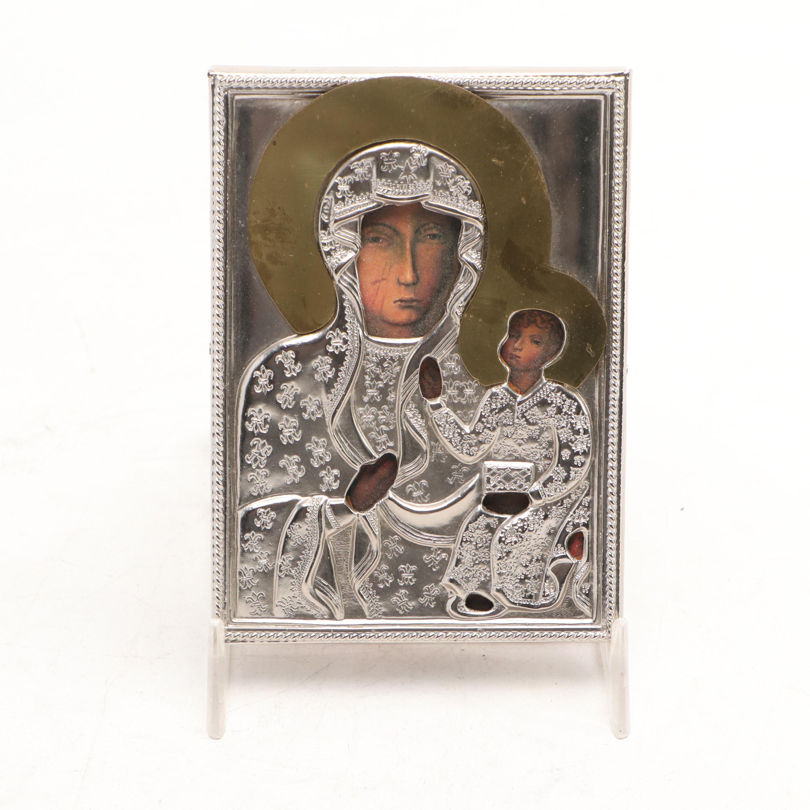 Mary and Baby Jesus Print in Metal Wall Hanging Frame with Russian Wood Box