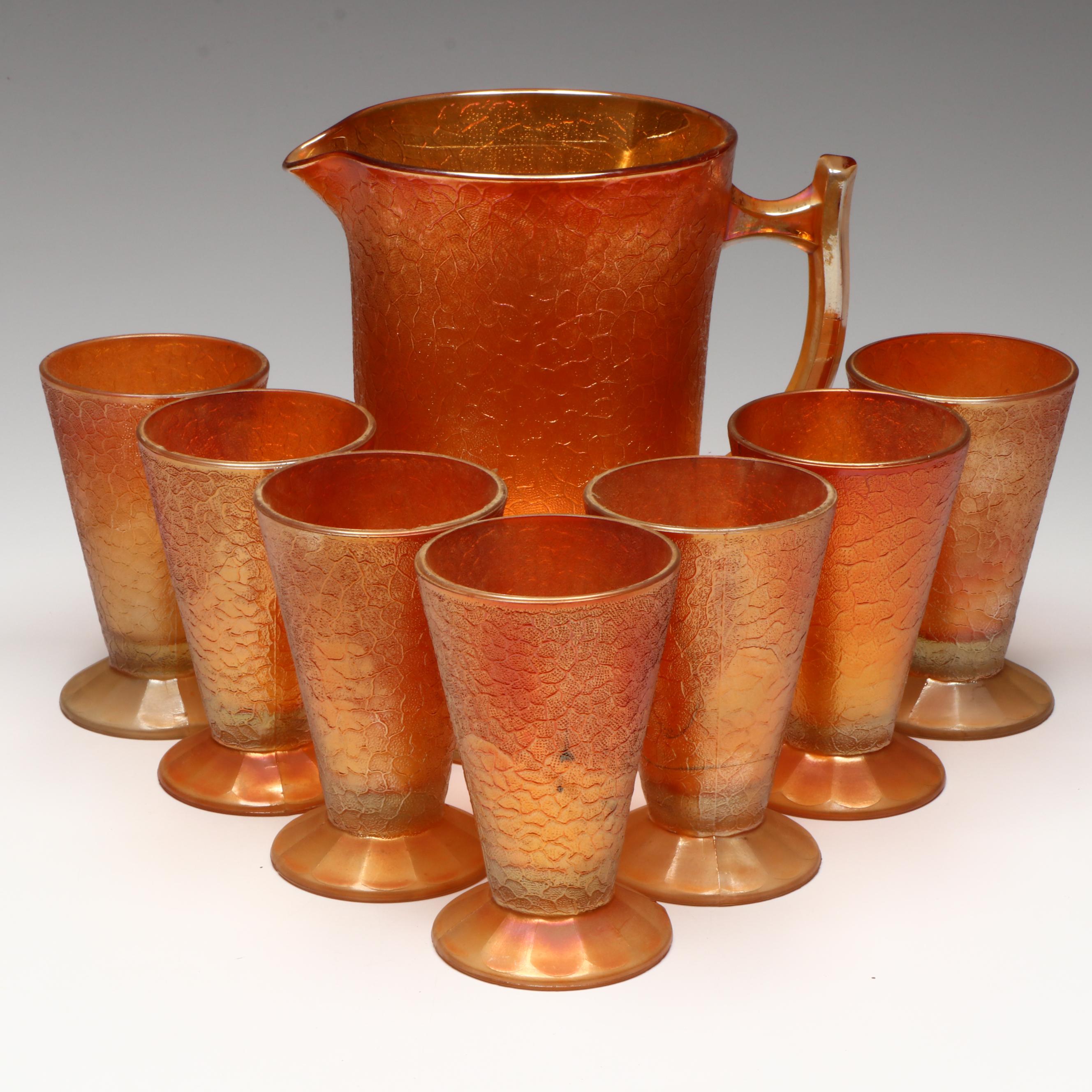 Jeanette Glass "Marigold Crackle" Pitcher with Footed Cups, Mid-20th Century