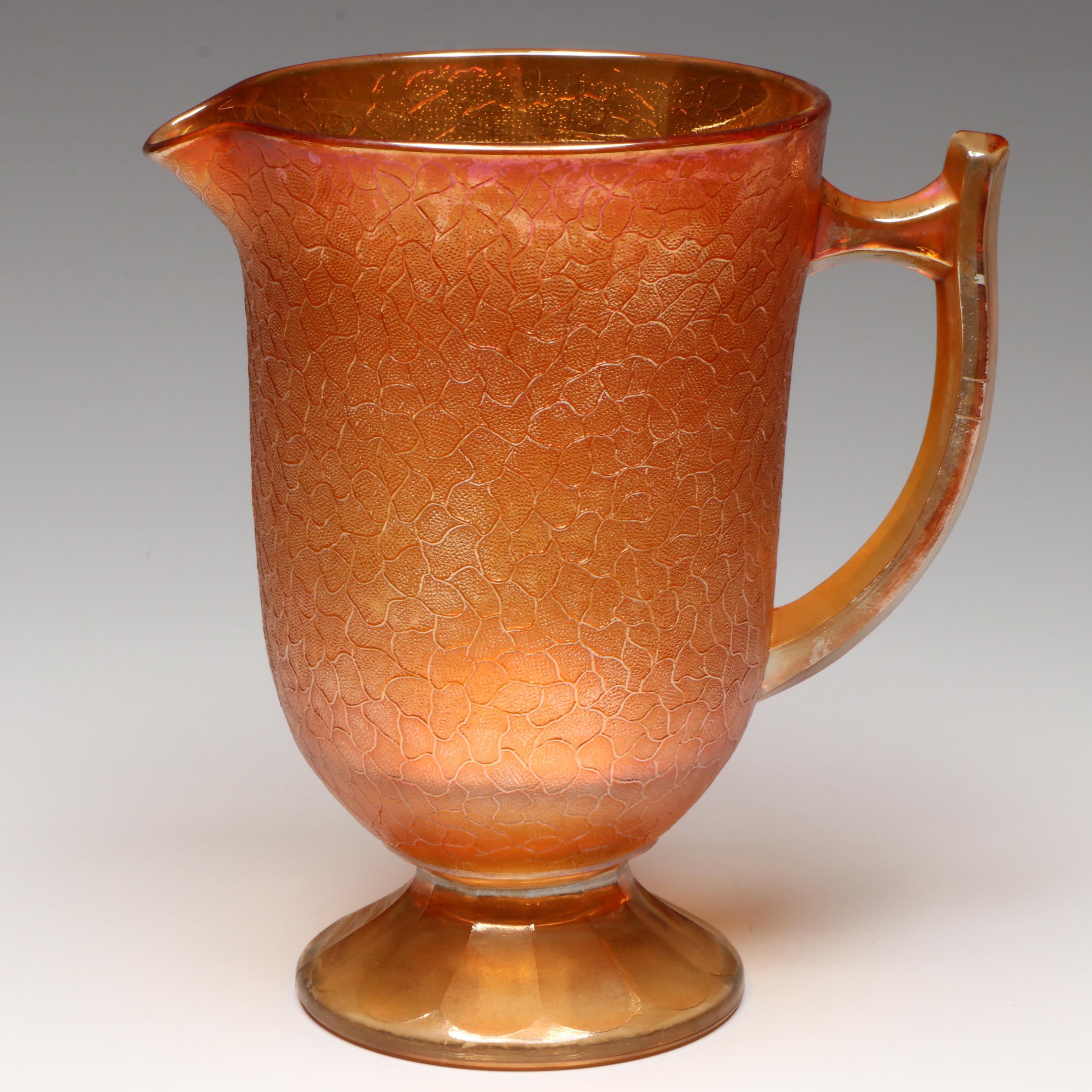 Jeanette Glass "Marigold Crackle" Pitcher with Footed Cups, Mid-20th Century
