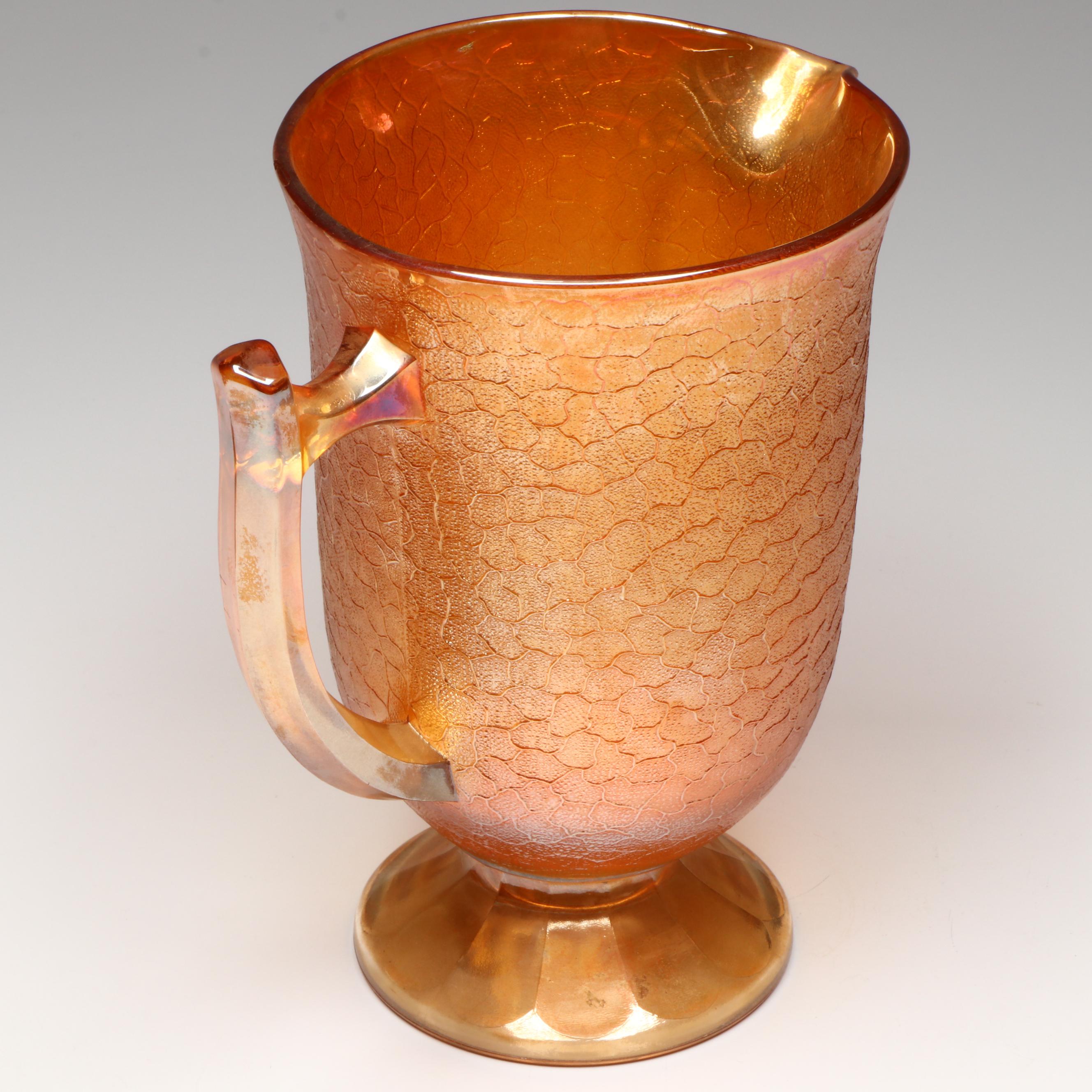 Jeanette Glass "Marigold Crackle" Pitcher with Footed Cups, Mid-20th Century