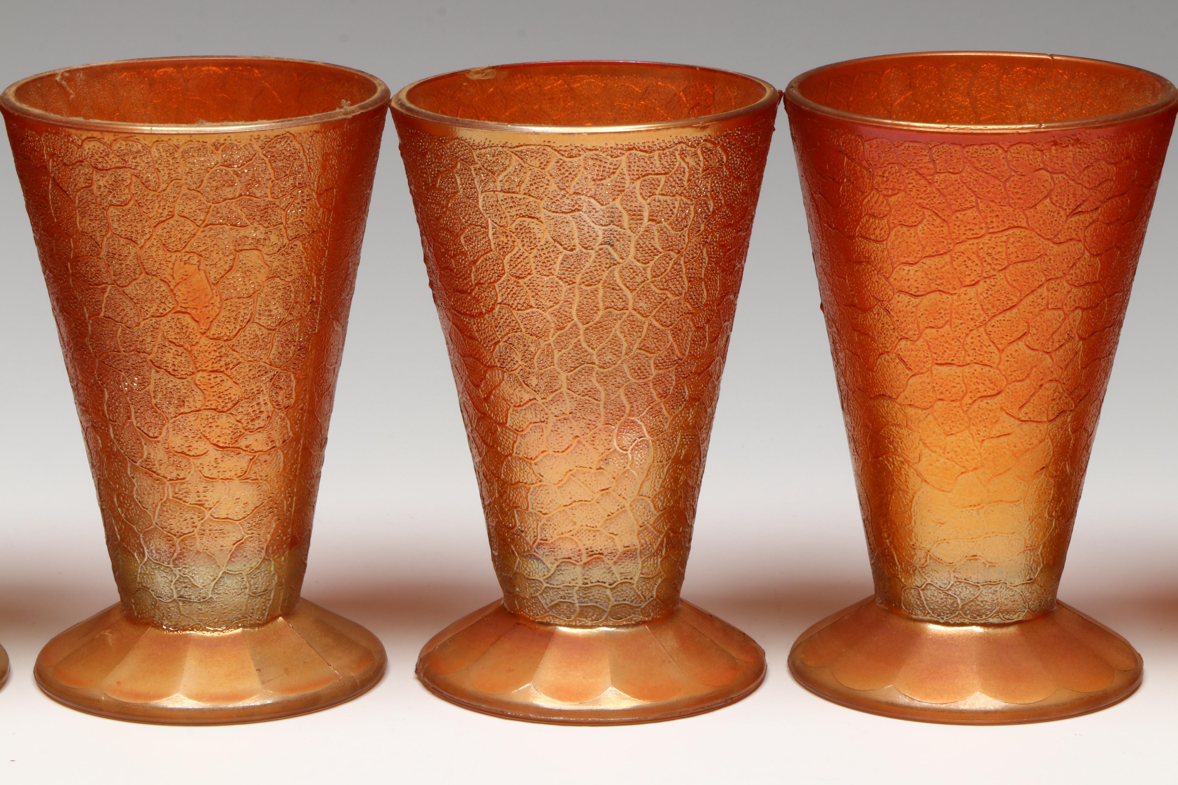 Jeanette Glass "Marigold Crackle" Pitcher with Footed Cups, Mid-20th Century