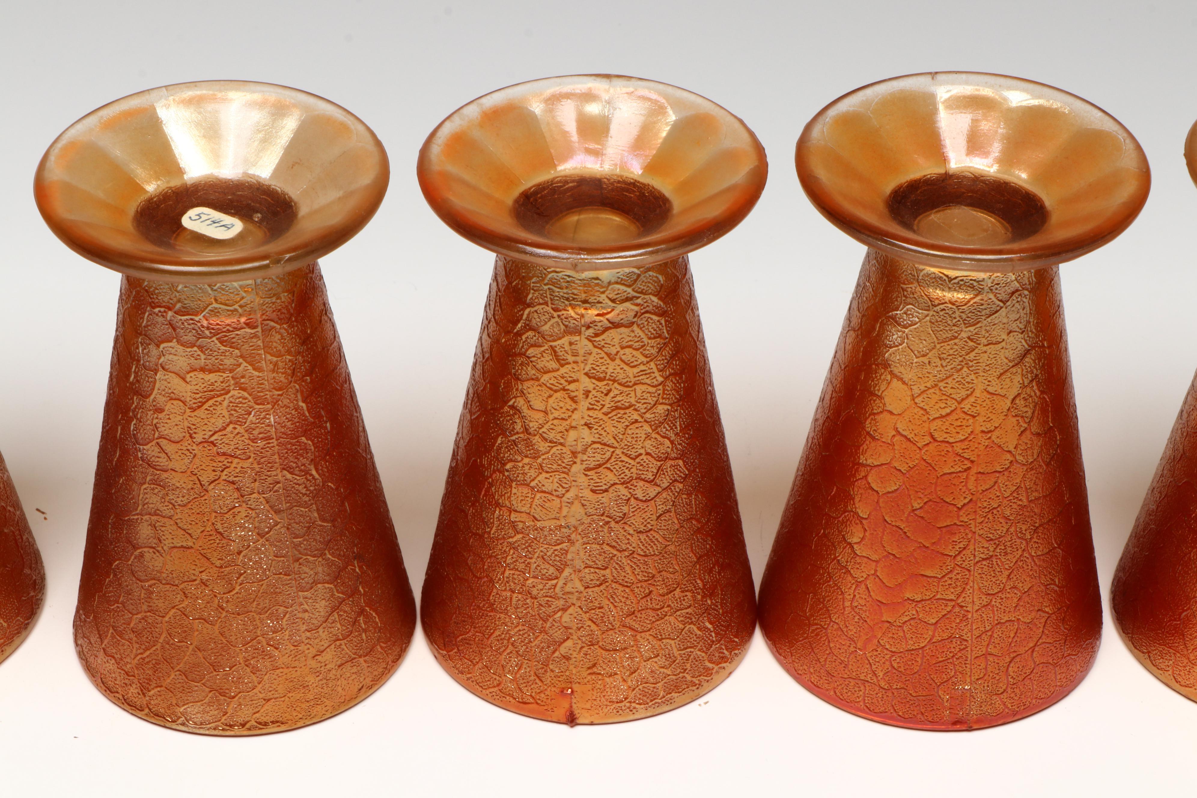 Jeanette Glass "Marigold Crackle" Pitcher with Footed Cups, Mid-20th Century
