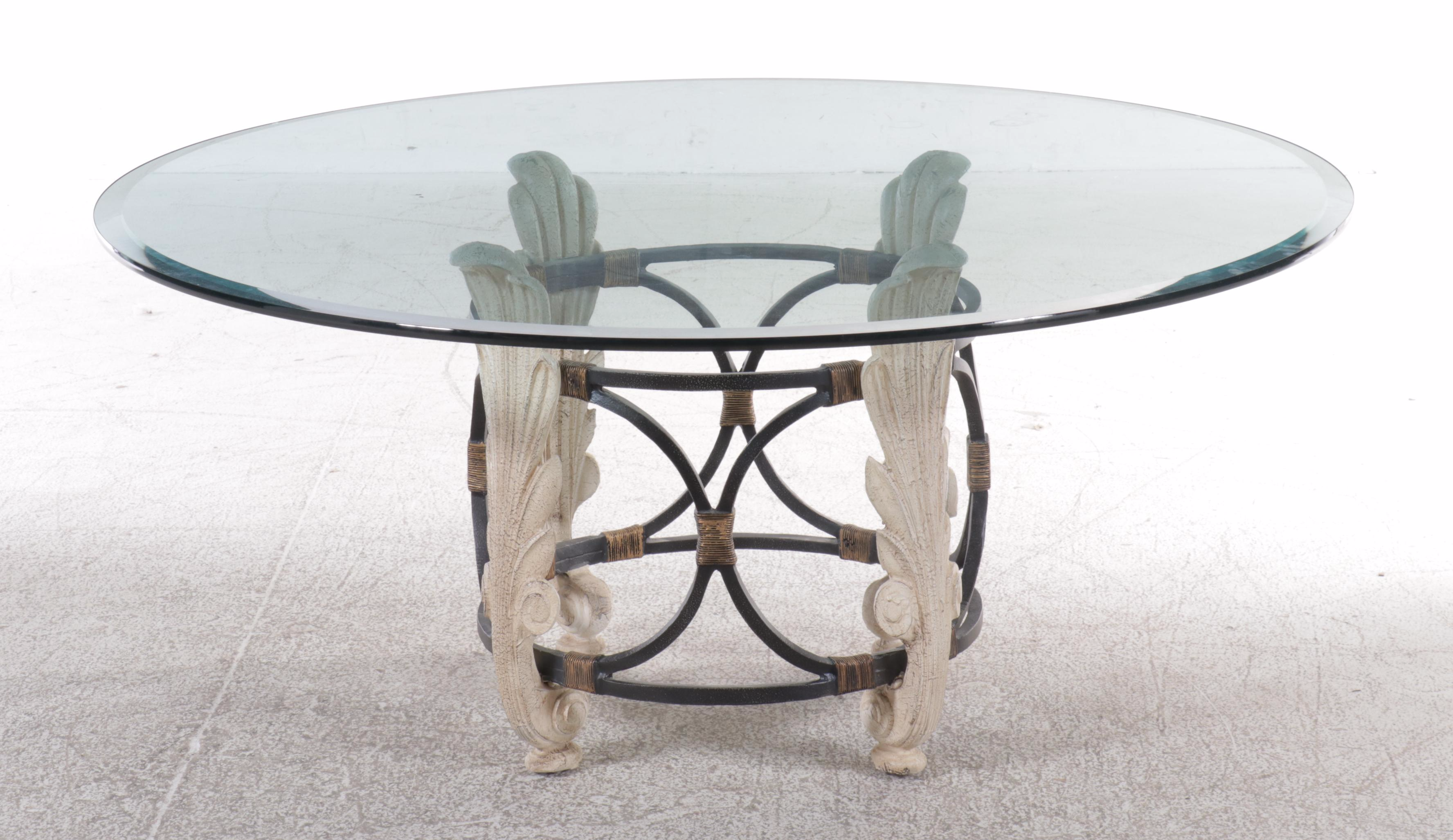 Glass Top Dining Table with Six Louis Philippe Style Painted Armchairs