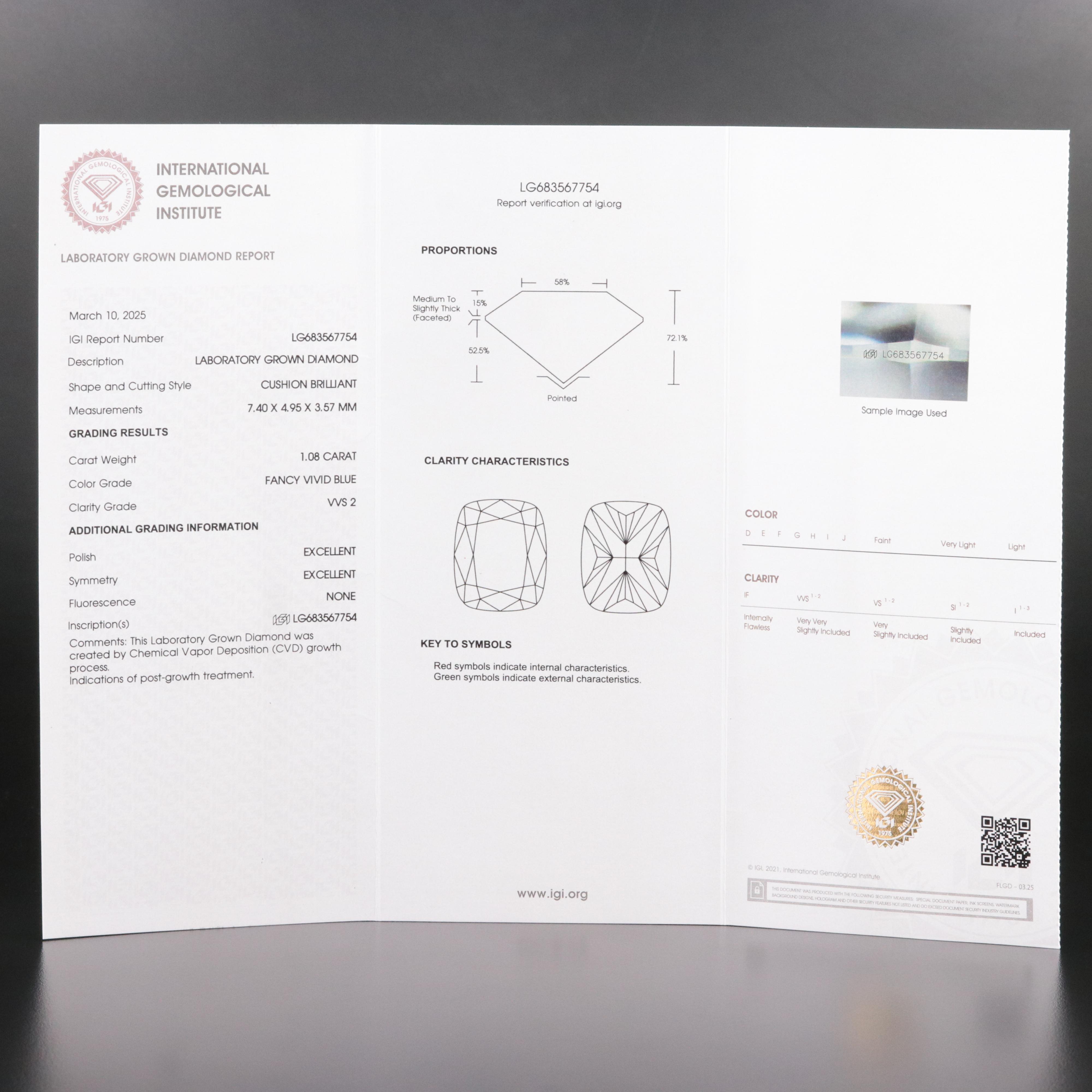 Loose 1.08 CT Lab Grown Fancy Blue Diamond with IGI Report