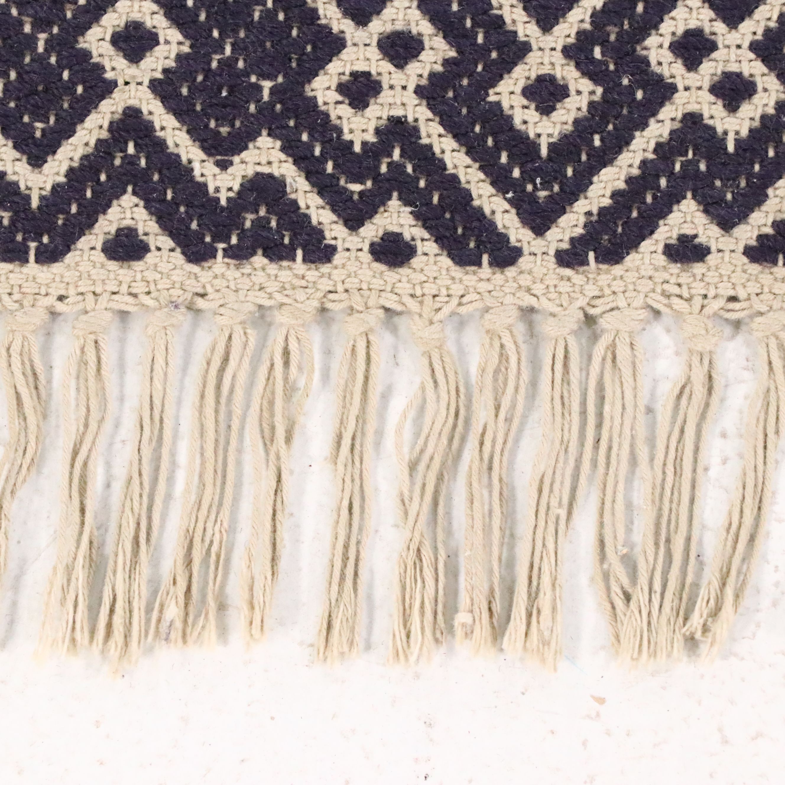 Navy Blue and White Geometric 4' x 7' Woven Tasseled Accent Rug