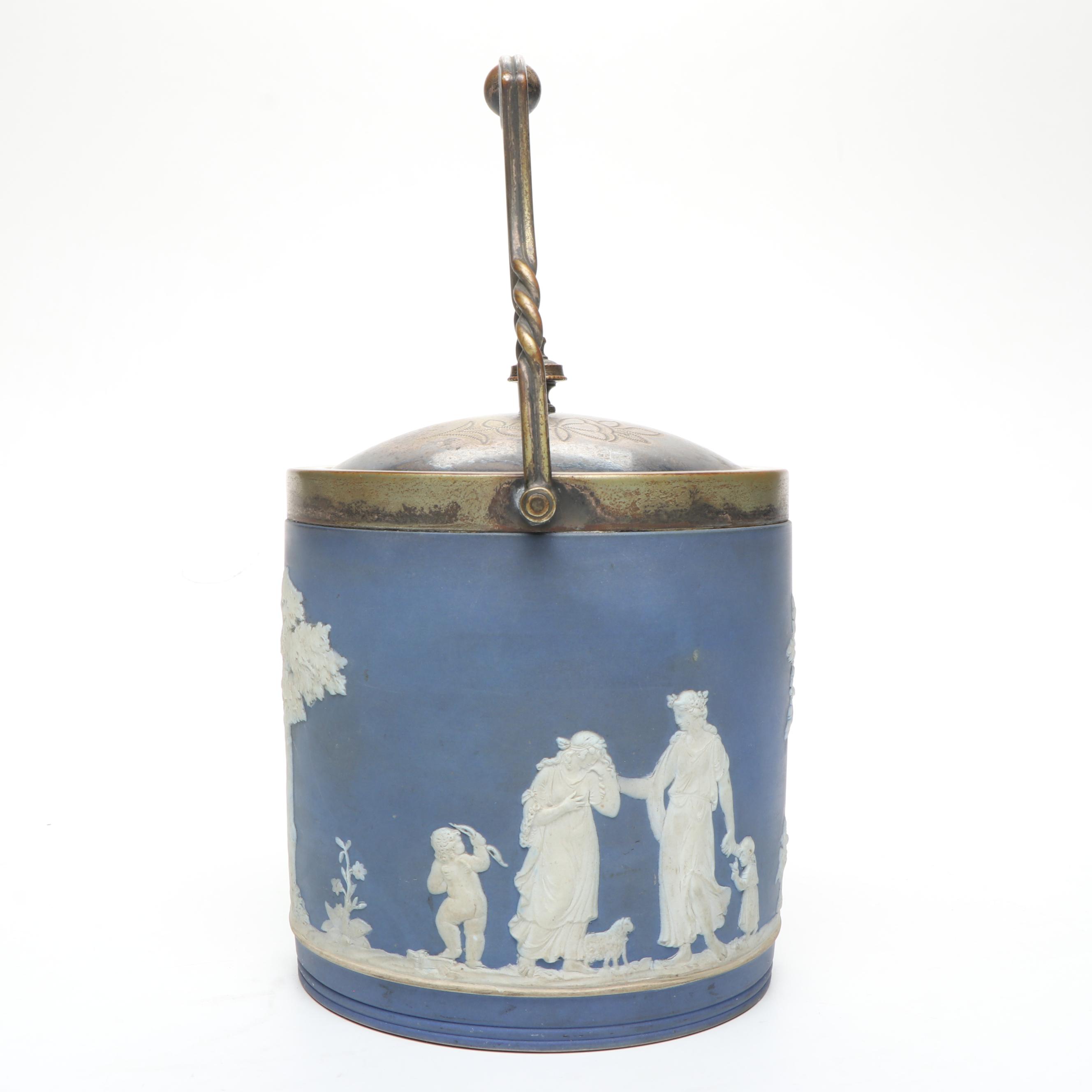 Wedgwood Blue Jasperware and Silver Plate Biscuit Barrel, Mid to Late 19th C.