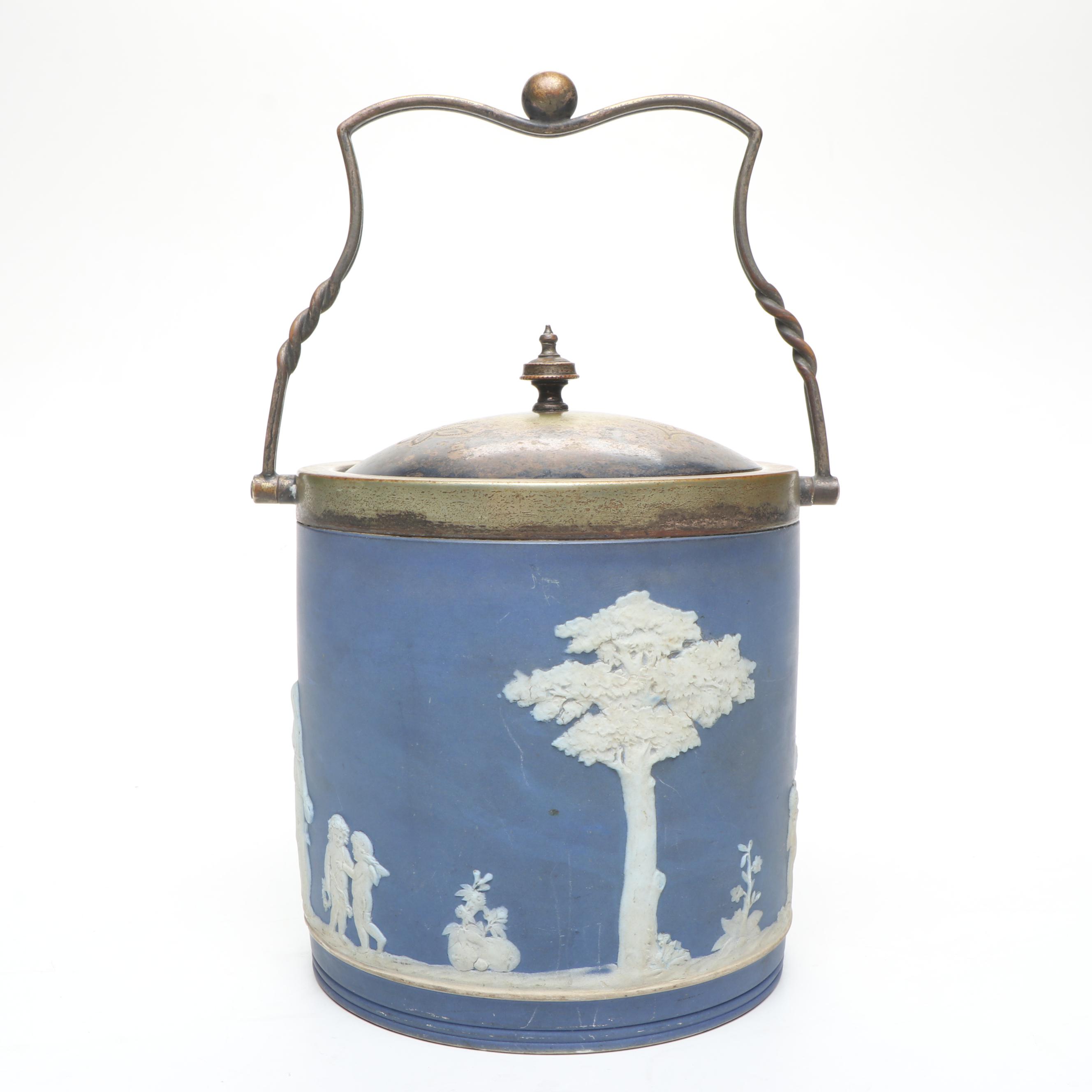 Wedgwood Blue Jasperware and Silver Plate Biscuit Barrel, Mid to Late 19th C.