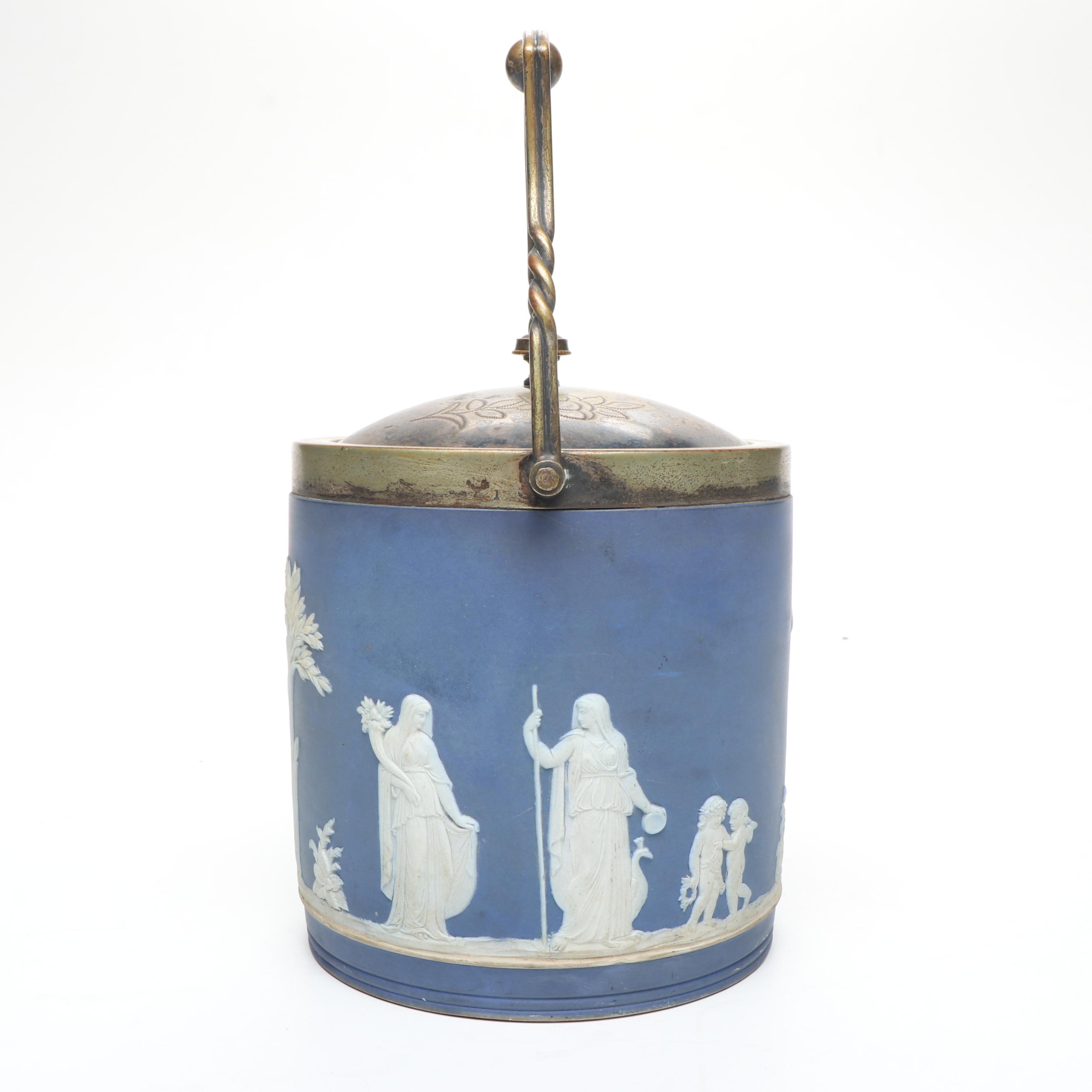 Wedgwood Blue Jasperware and Silver Plate Biscuit Barrel, Mid to Late 19th C.