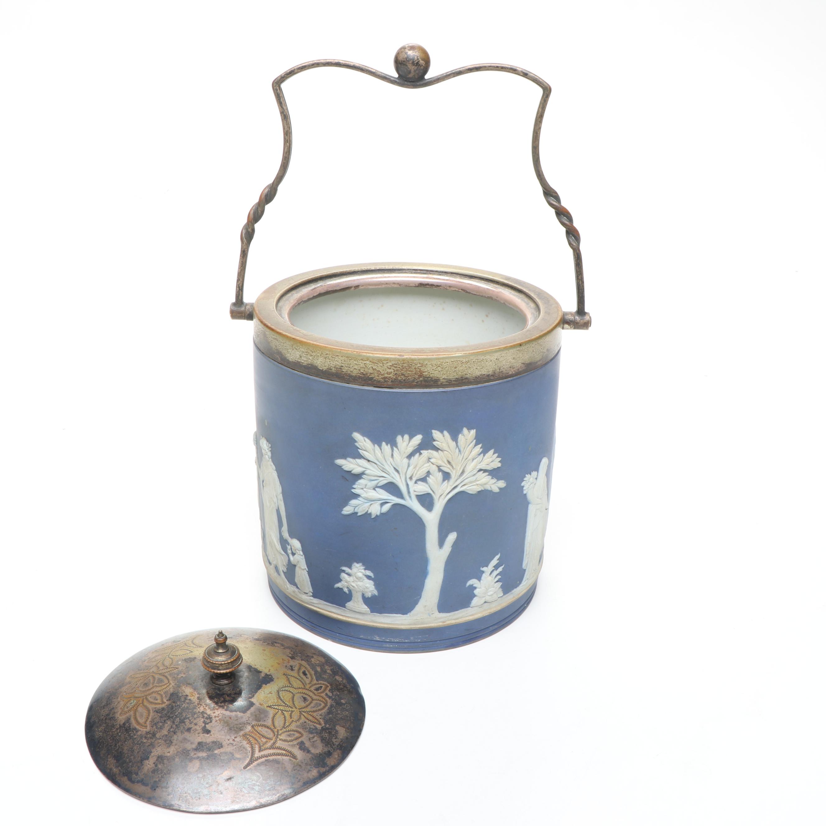 Wedgwood Blue Jasperware and Silver Plate Biscuit Barrel, Mid to Late 19th C.