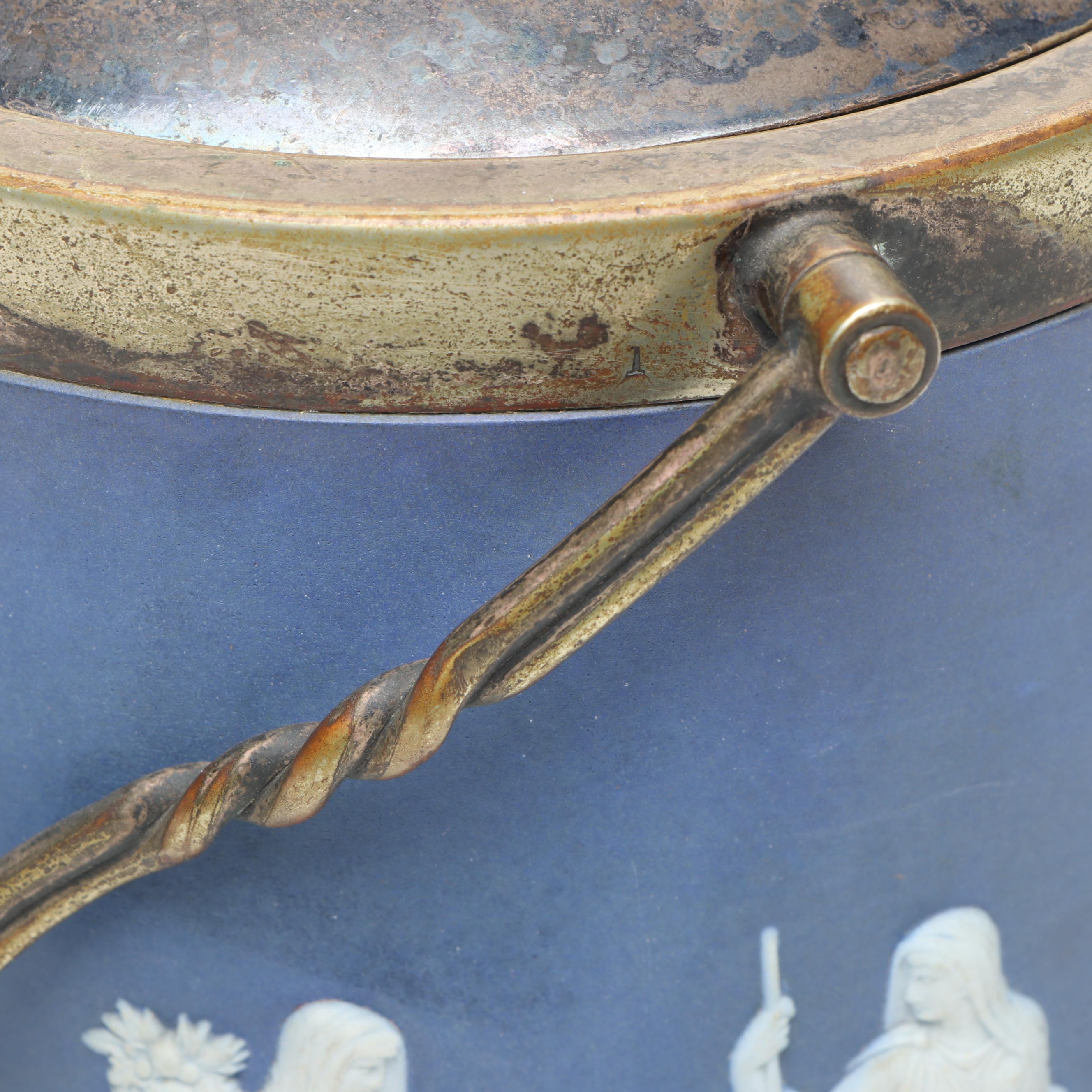 Wedgwood Blue Jasperware and Silver Plate Biscuit Barrel, Mid to Late 19th C.