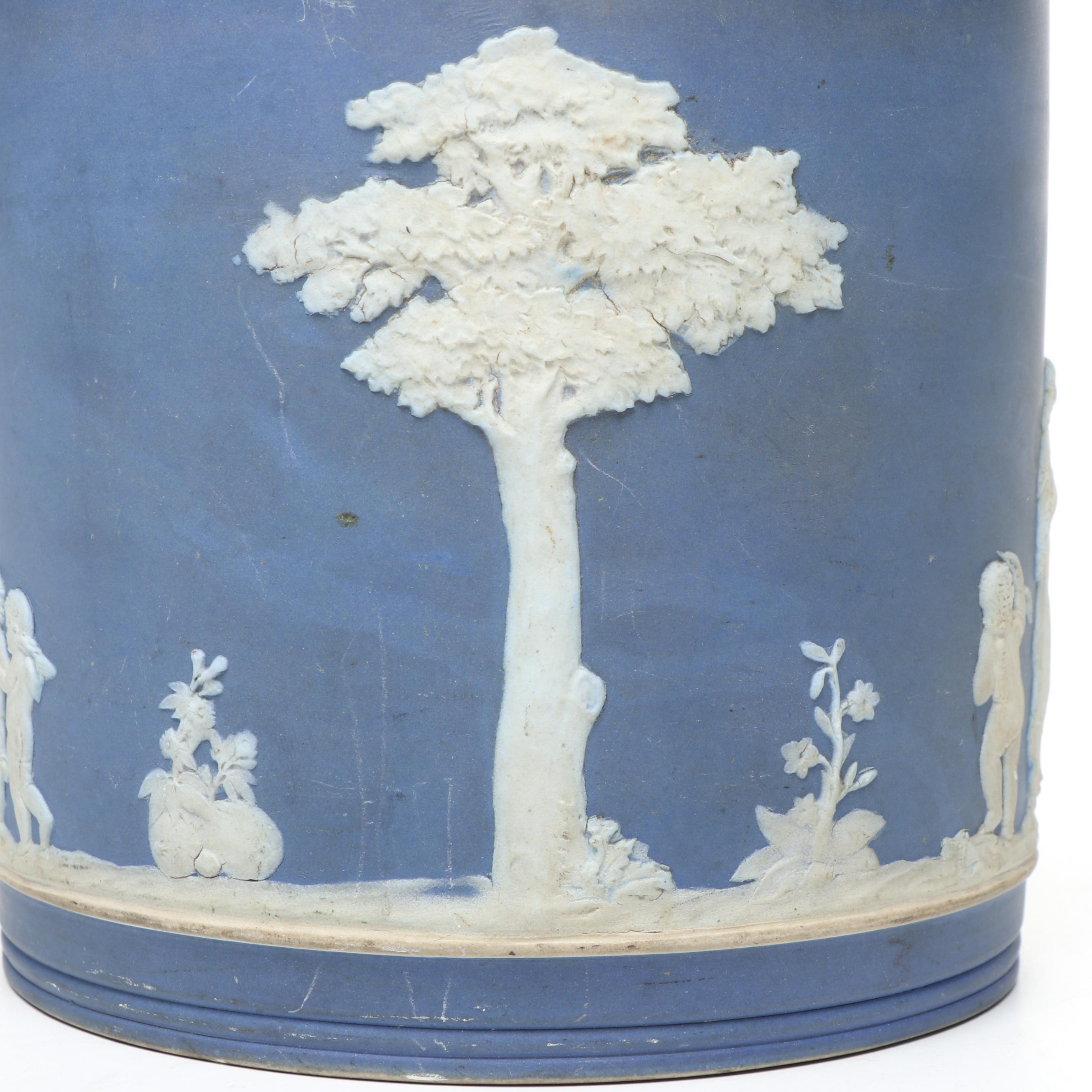 Wedgwood Blue Jasperware and Silver Plate Biscuit Barrel, Mid to Late 19th C.